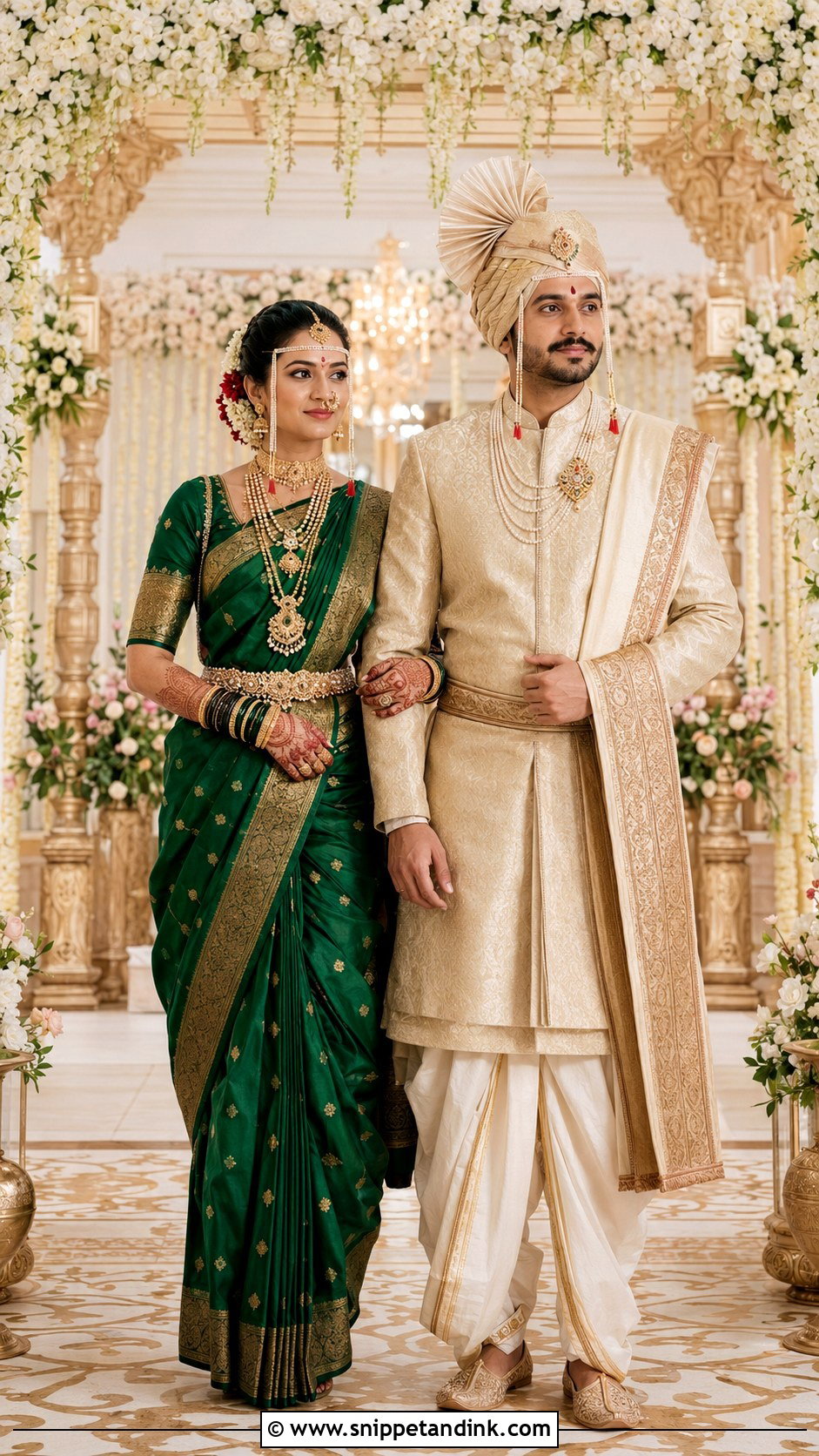 Temple Jewelry Peshwai Bride And Traditional Groom Look - Snippet and Ink - 25 Peshwai Look for Wedding Couple Ideas