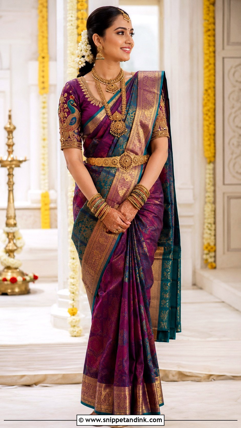 Temple Work Wedding Blouse With Kanjeevaram Saree - Snippet and Ink - 20 Wedding Blouse Designs