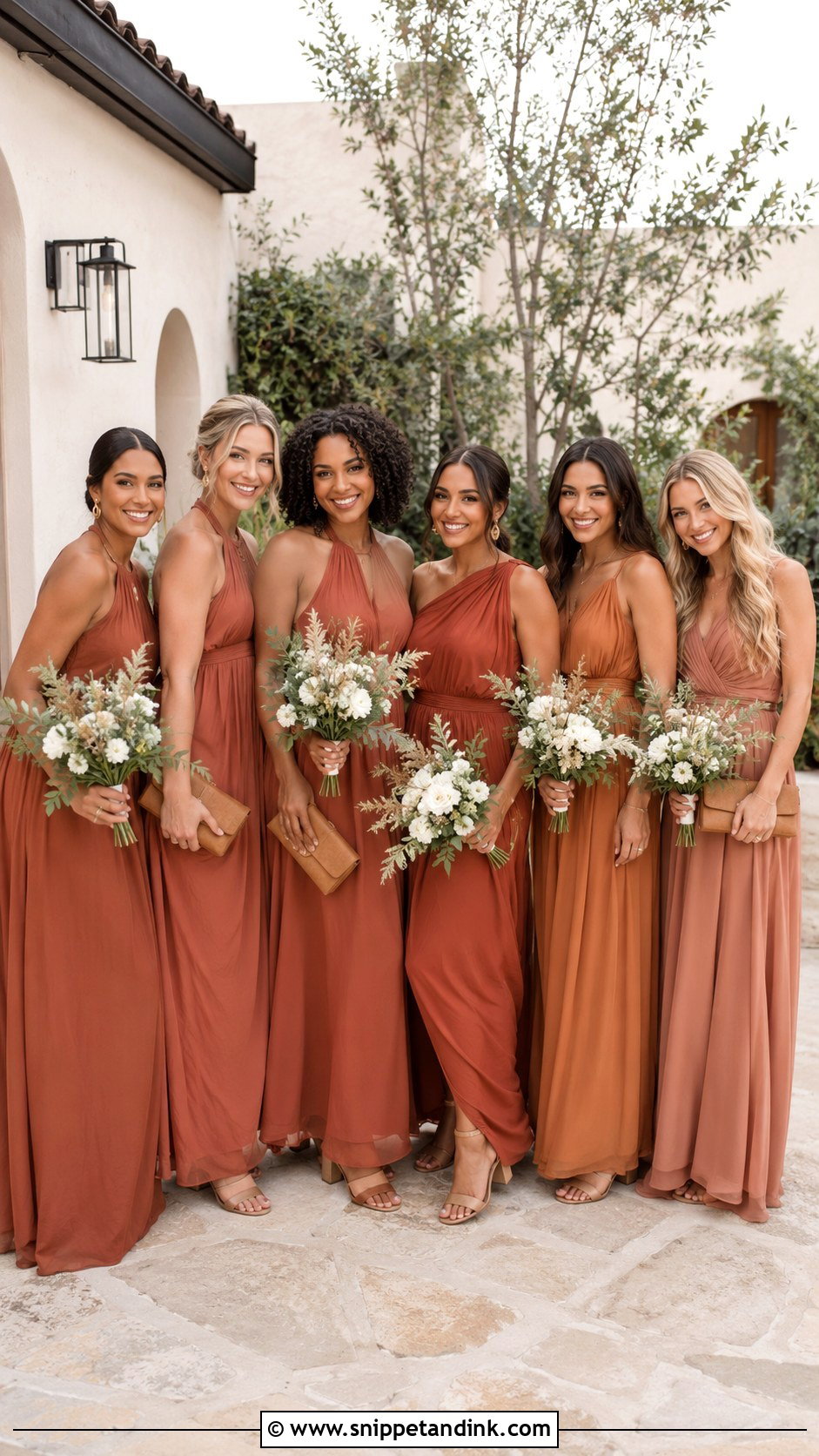 Terracotta Bridal Team Dresses With Neutral Shoes - Snippet and Ink - 20 Bridal Team Dresses Ideas