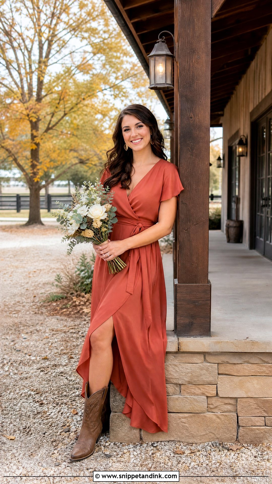 Terracotta Bridesmaid Dress With Cowgirl Boots - Snippet and Ink - 25 Wedding Cowgirl Boots Ideas