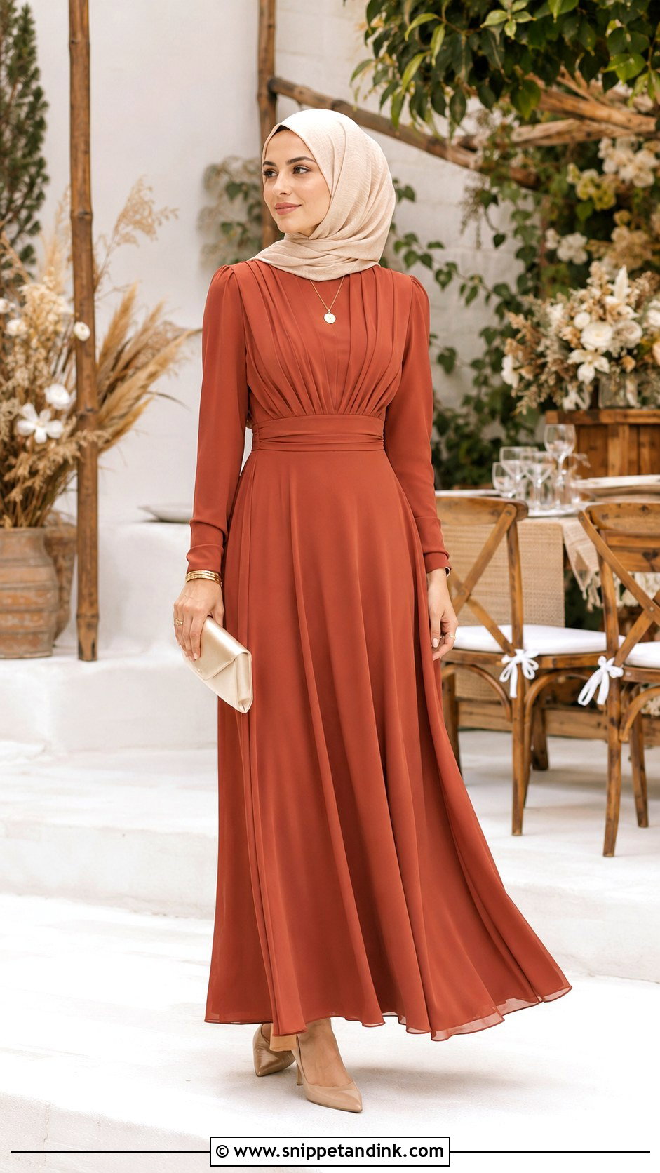 Terracotta Bridesmaid Hijab Outfit - Snippet and Ink - 25 Braidsmaid Hijab Style Ideas