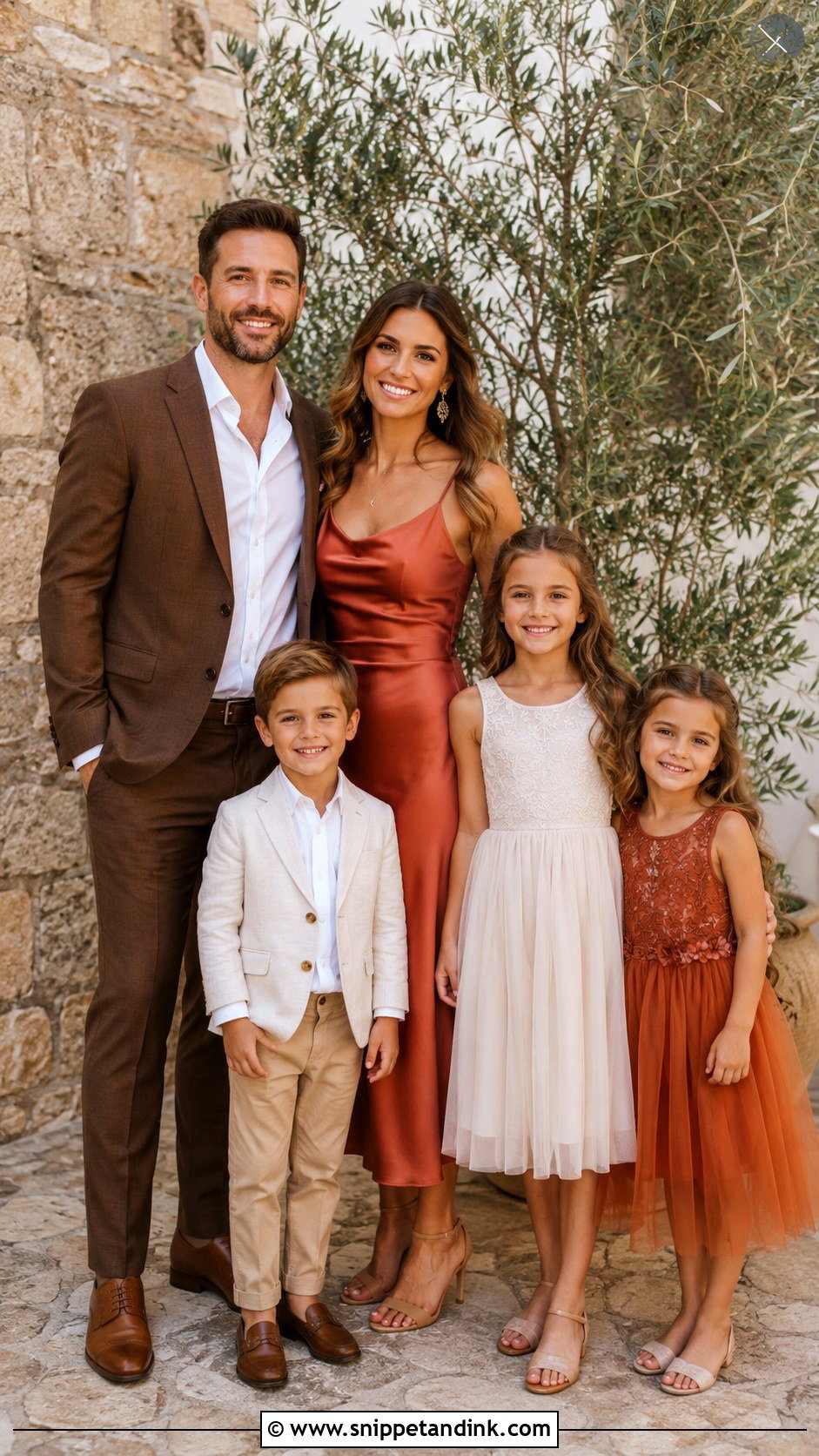 Terracotta Dress And Brown Suit Family Wedding Outfit - Snippet and Ink - 25 Family Wedding Outfits