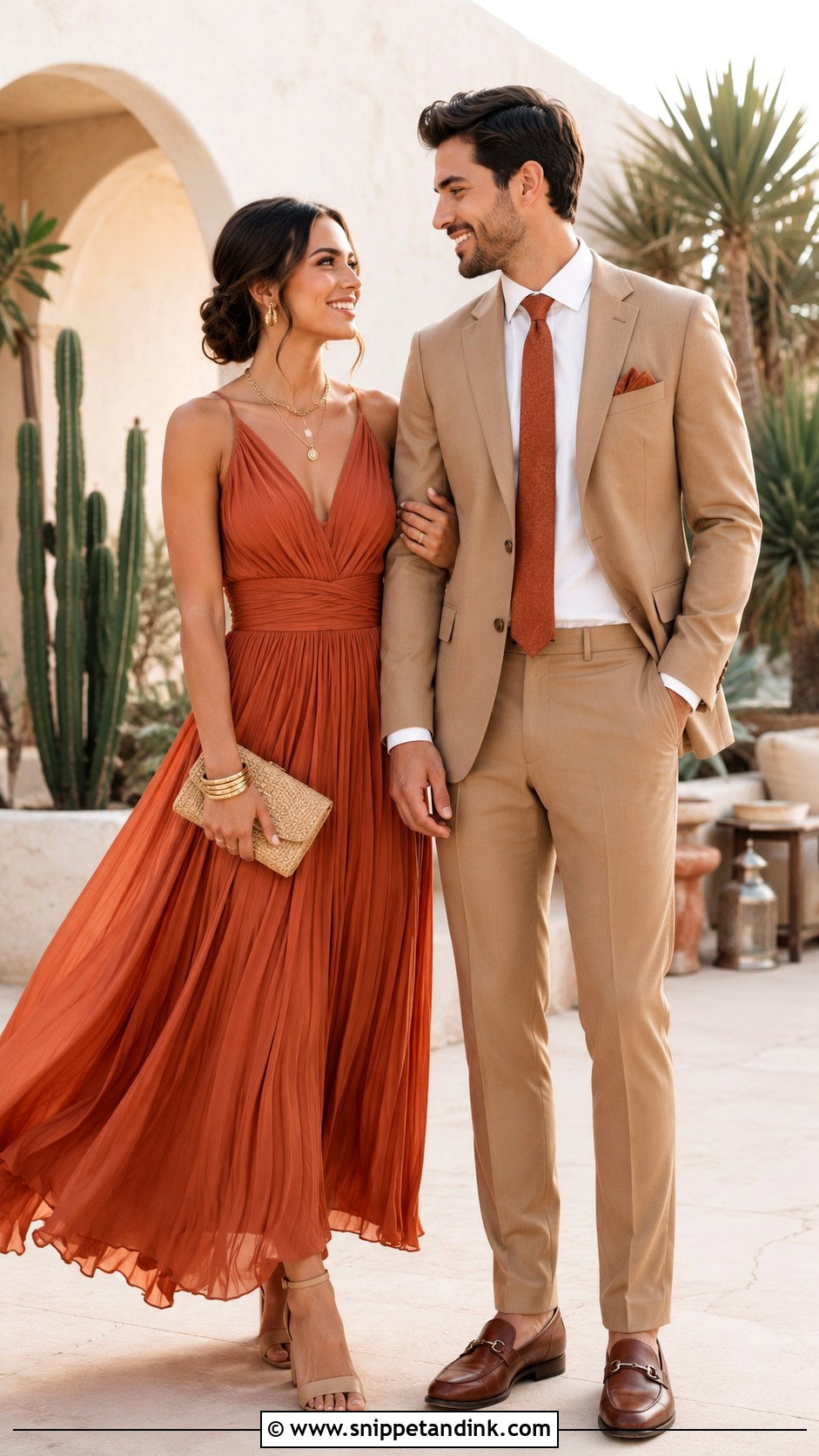 Terracotta Dress And Tan Suit Couple Wedding Outfit - Snippet and Ink - 20 Couple Matching Wedding Outfits