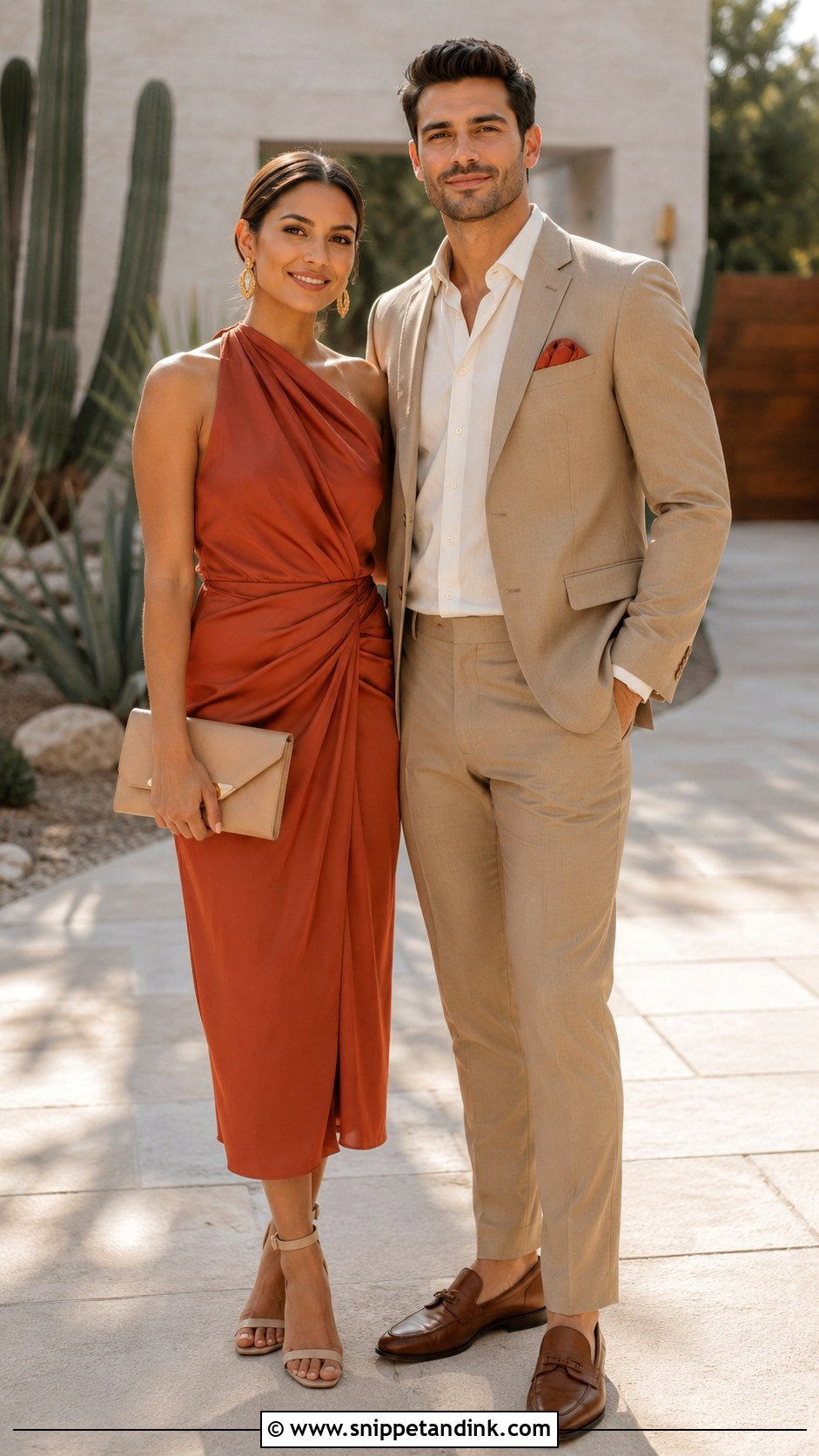 Terracotta Dress and Tan Suit Wedding Couple Outfit - Snippet and Ink - 20 Matching Couple Outfits for Wedding
