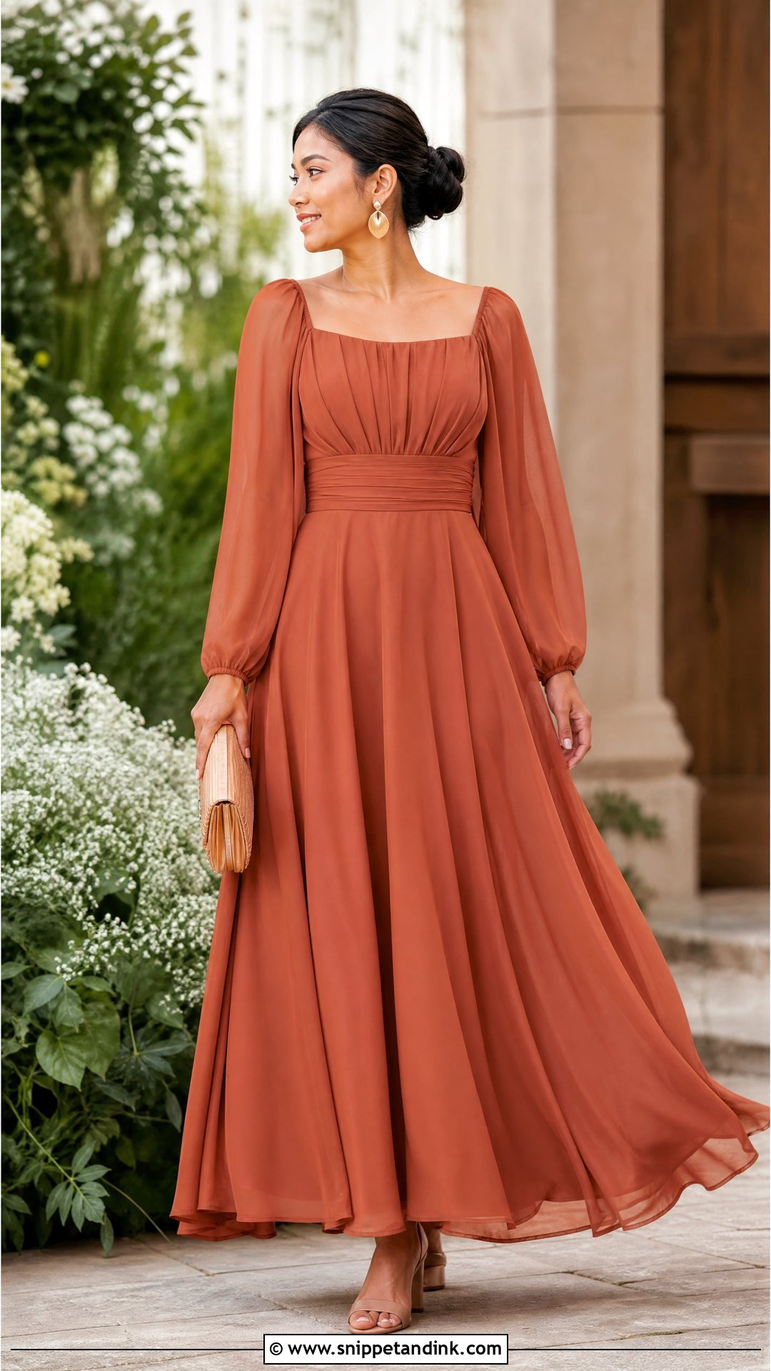 Terracotta Long Sleeve Ninang Maxi Dress - Snippet and Ink - 20 Ninang Outfit for Wedding Ideas
