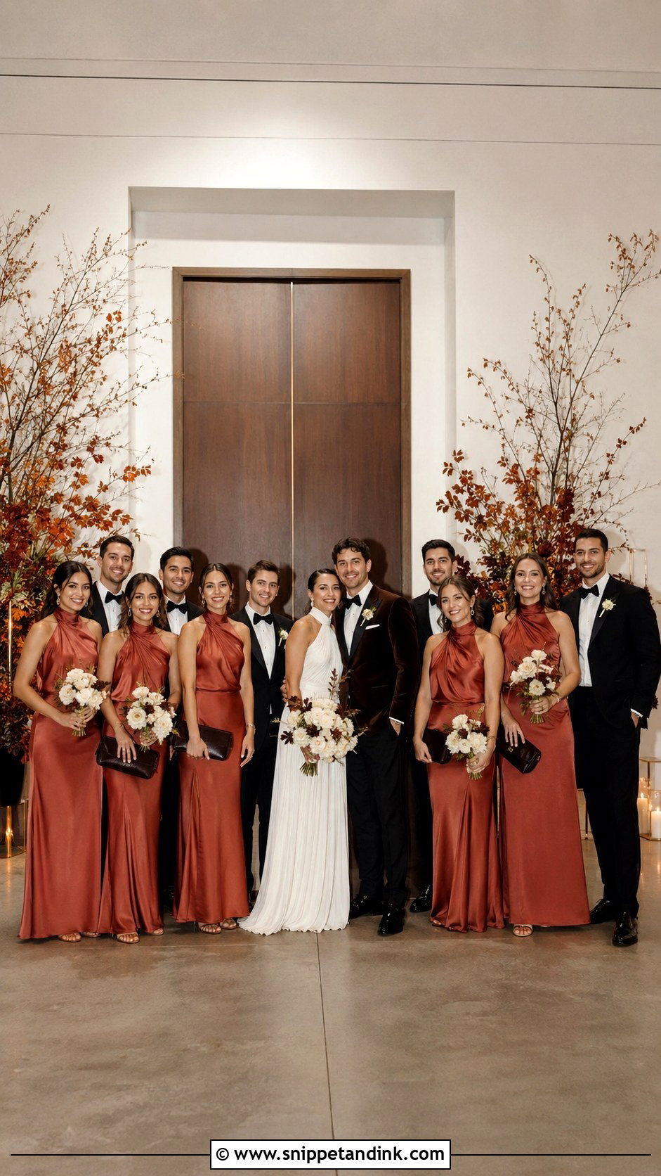 Terracotta Satin Black Tie Bridal Party - Snippet and Ink - 20 Black Tie Bridal Party Ideas