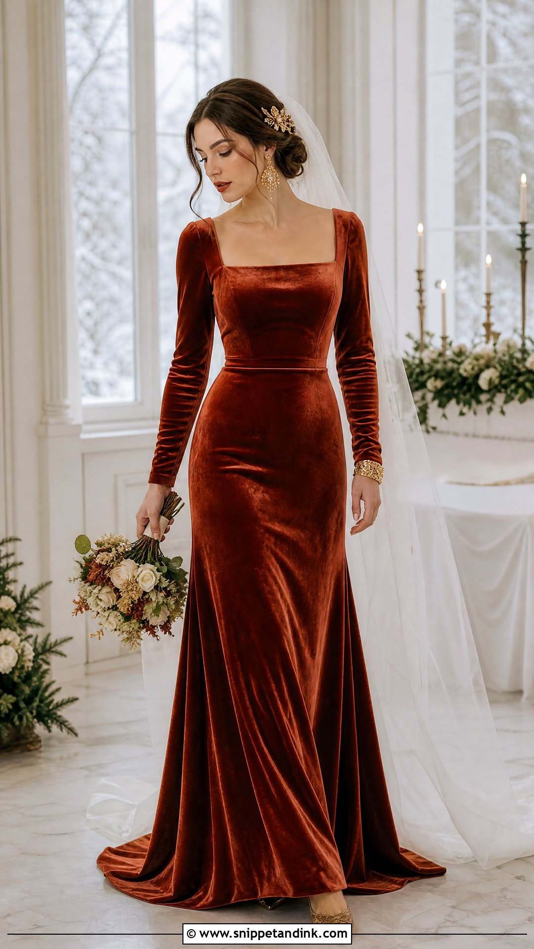 Terracotta Velvet Bridal Gown With Antique Gold Jewelry - Snippet and Ink - 20 Orange Bridal Dress Ideas