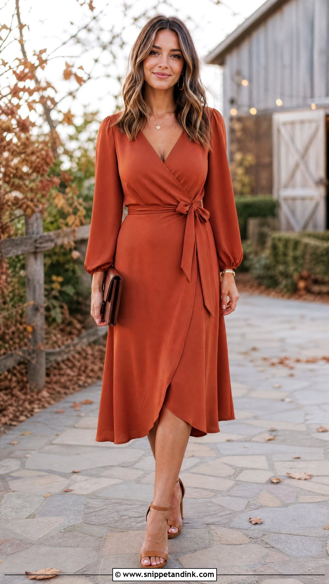 Terracotta Wrap Midi Dress - Snippet and Ink - 25 Fall Dresses to Wear to a Wedding
