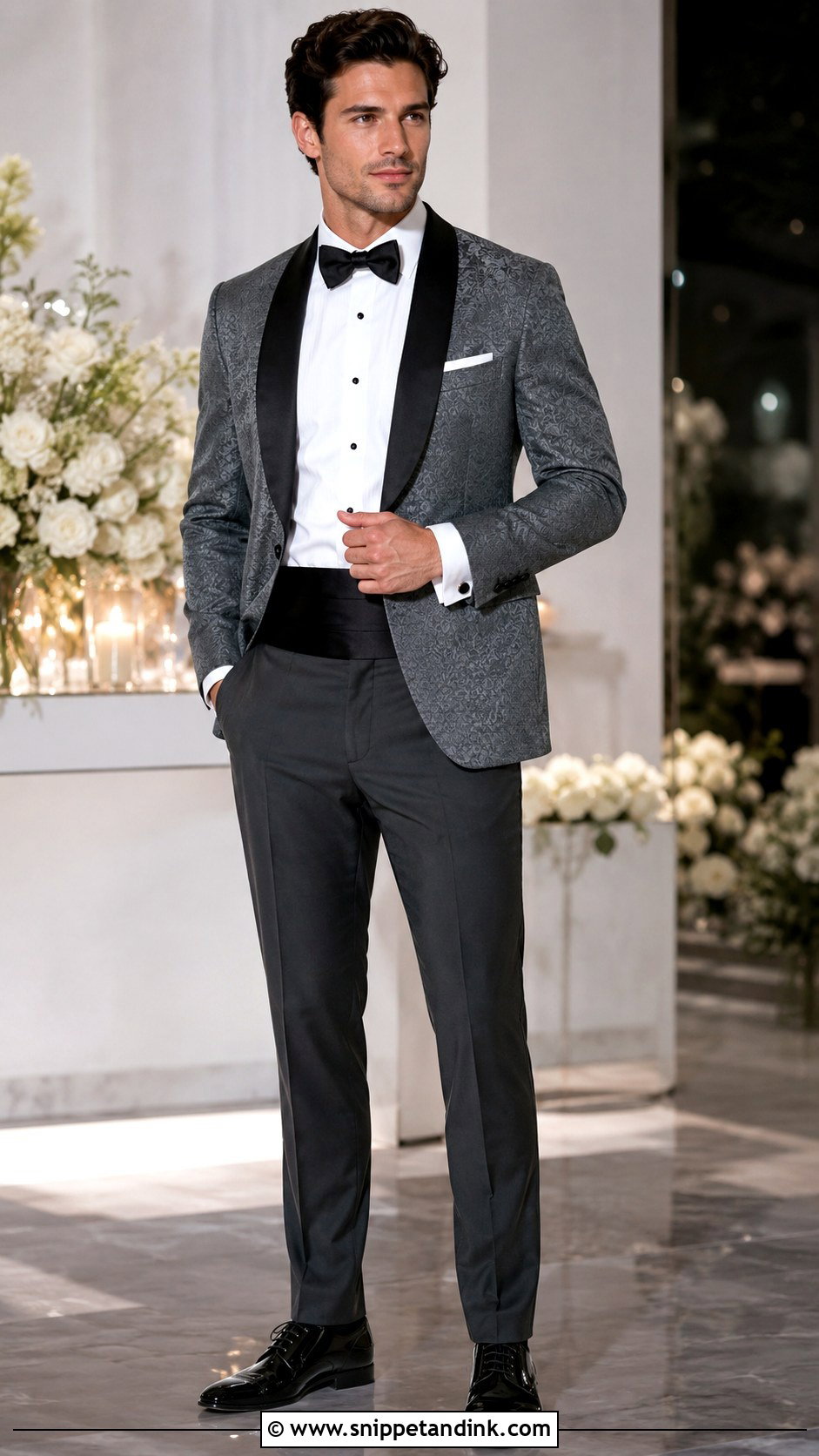 Textured Gray Tuxedo With Black Accessories - Snippet and Ink - 20 Gray Tuxedo Wedding Ideas