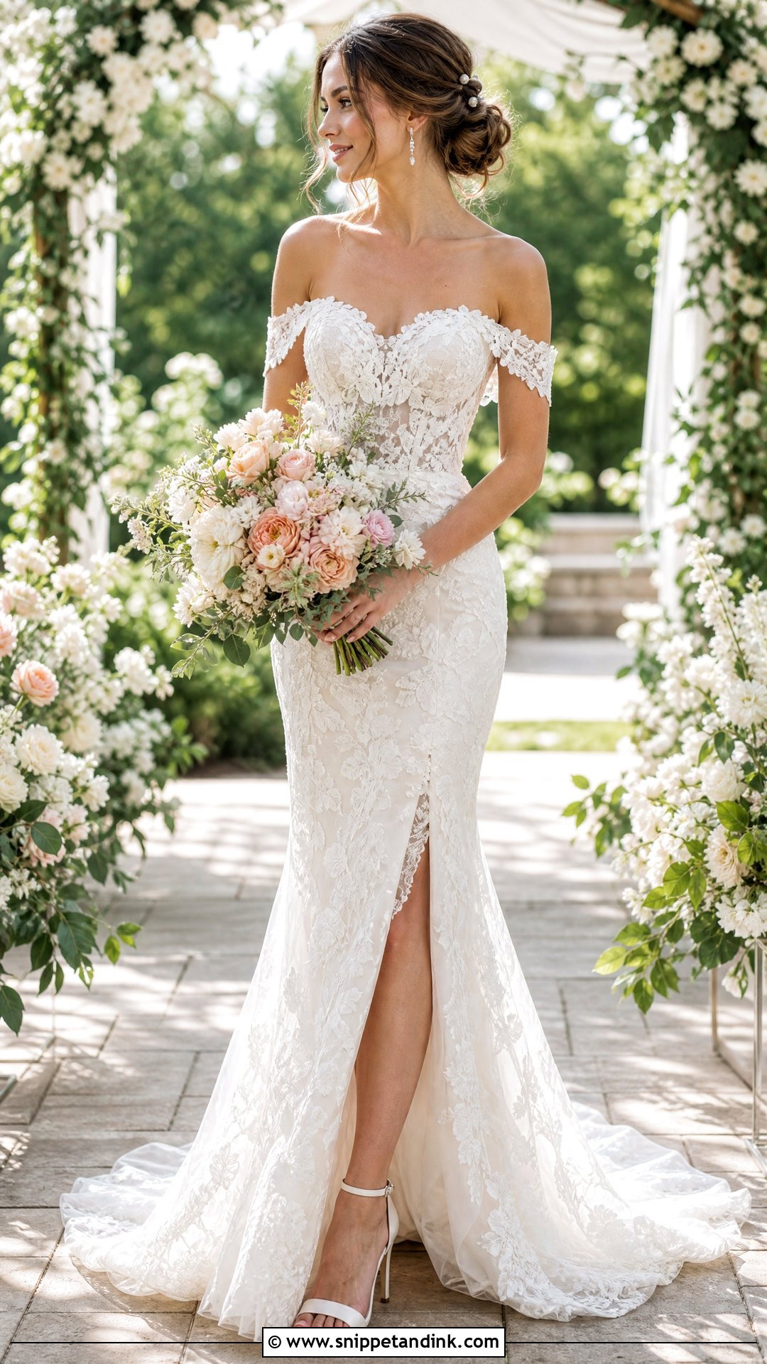 Textured Low Bun for Off the Shoulder Wedding Dress - Snippet and Ink - 25 Off the Shoulder Wedding Dress Hairstyle Ideas