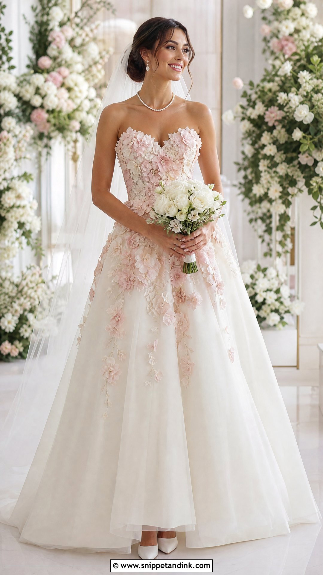 Three Dimensional Floral Pink and White Wedding Dress - Snippet and Ink - 20 Pink White Wedding Dress Ideas