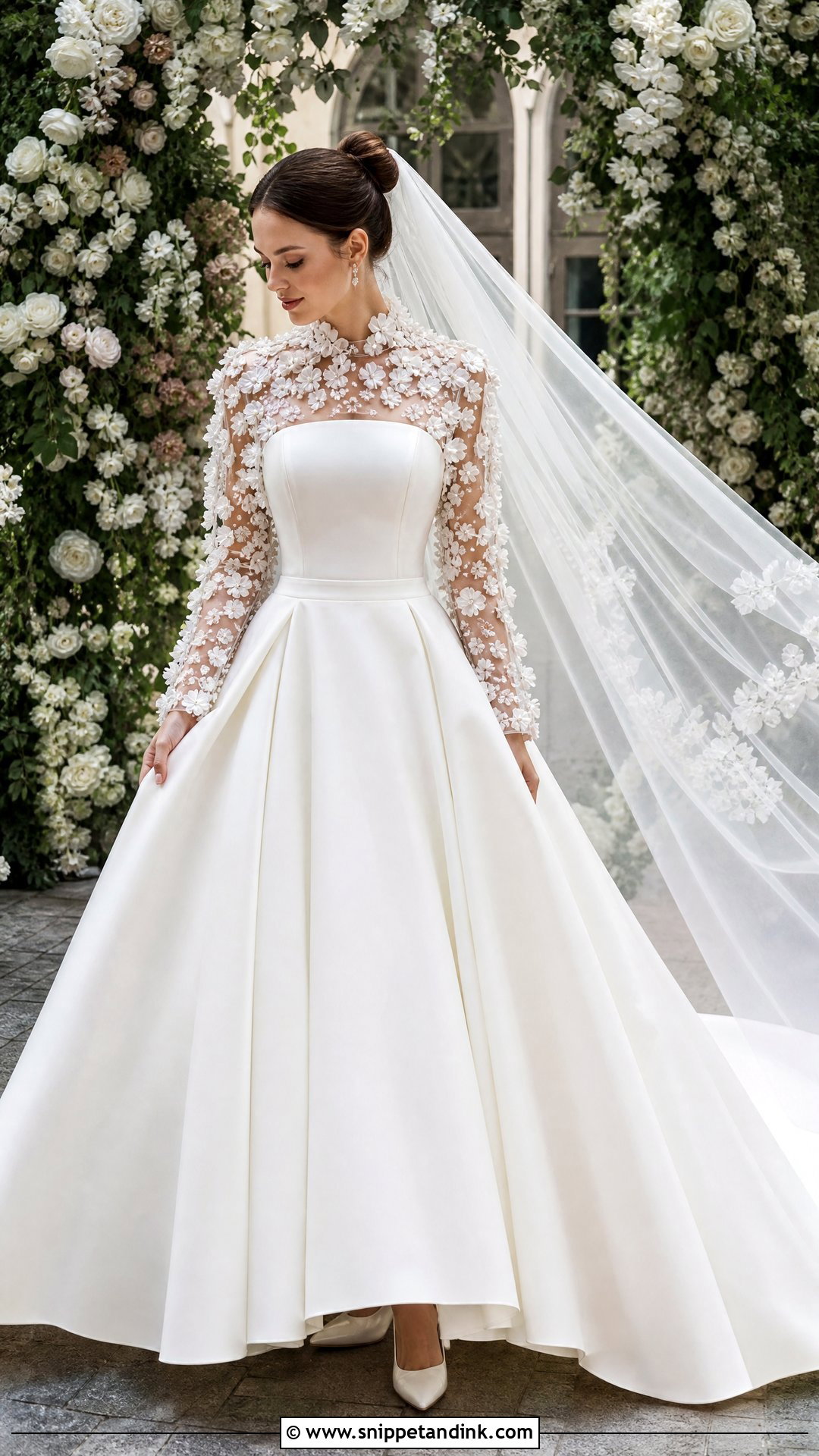 Three Dimensional Floral Wedding Dress Topper With Ball Gown - Snippet and Ink - 20 Wedding Dress Topper Long Sleeve Ideas