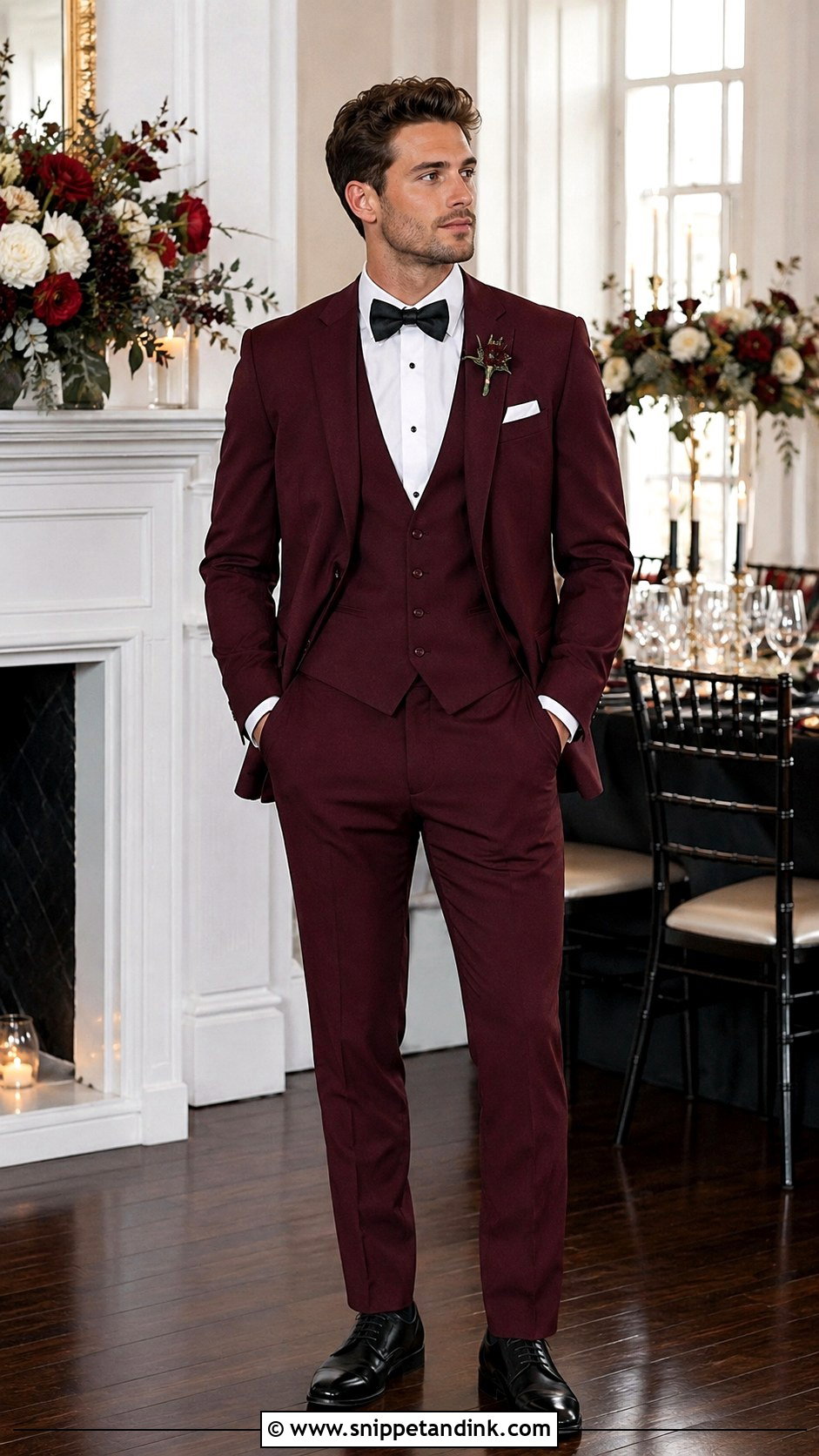 Three Piece Burgundy Tuxedo With Matching Vest - Snippet and Ink - 20 Burgundy Tuxedo Wedding Ideas