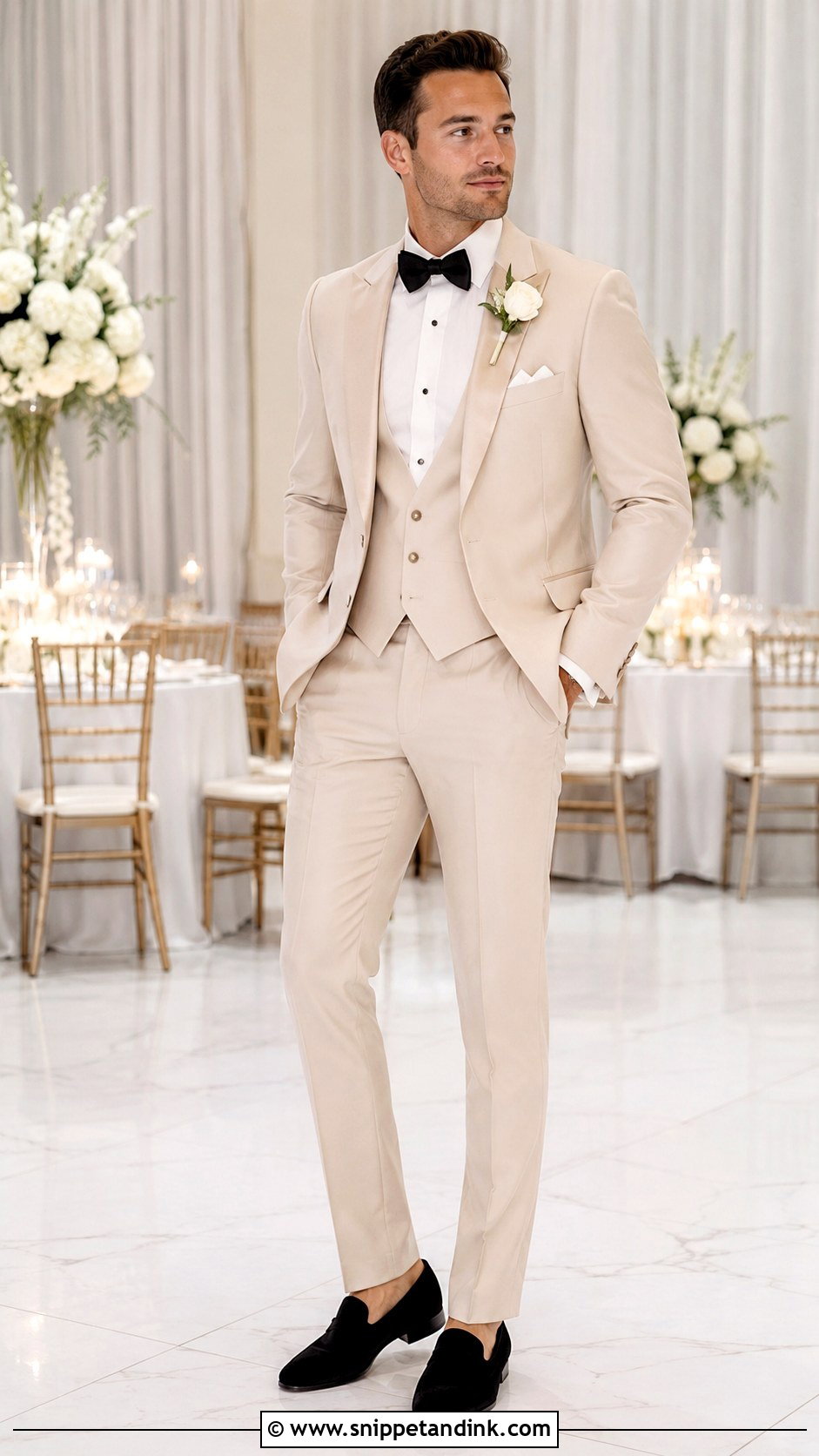 Three Piece Champagne Tuxedo With Matching Vest - Snippet and Ink - 20 Champagne Tuxedo Wedding Ideas