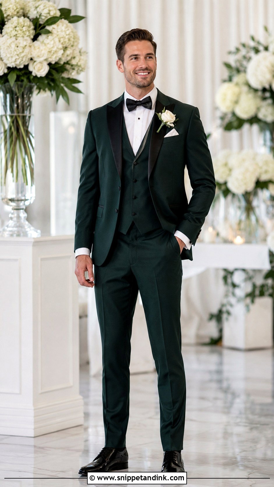 Three Piece Dark Green Tuxedo With Matching Vest - Snippet and Ink - 20 Dark Green Tuxedo Wedding Ideas