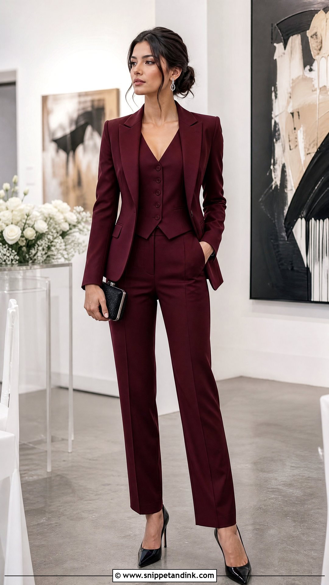 Three Piece Maroon Wedding Suit With Vest And Pumps - Snippet and Ink - 20 Maroon Wedding Suit Ideas
