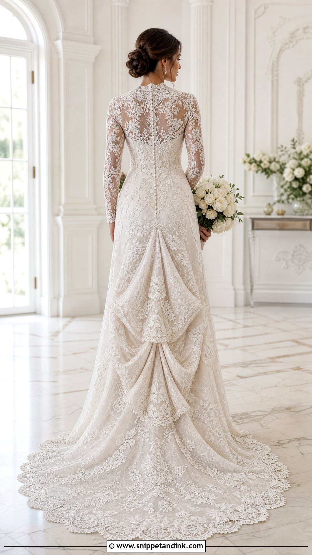 Three Point Bustle for a Lace Chapel Train - Snippet and Ink - 20 Wedding Dress Train Bustle Ideas