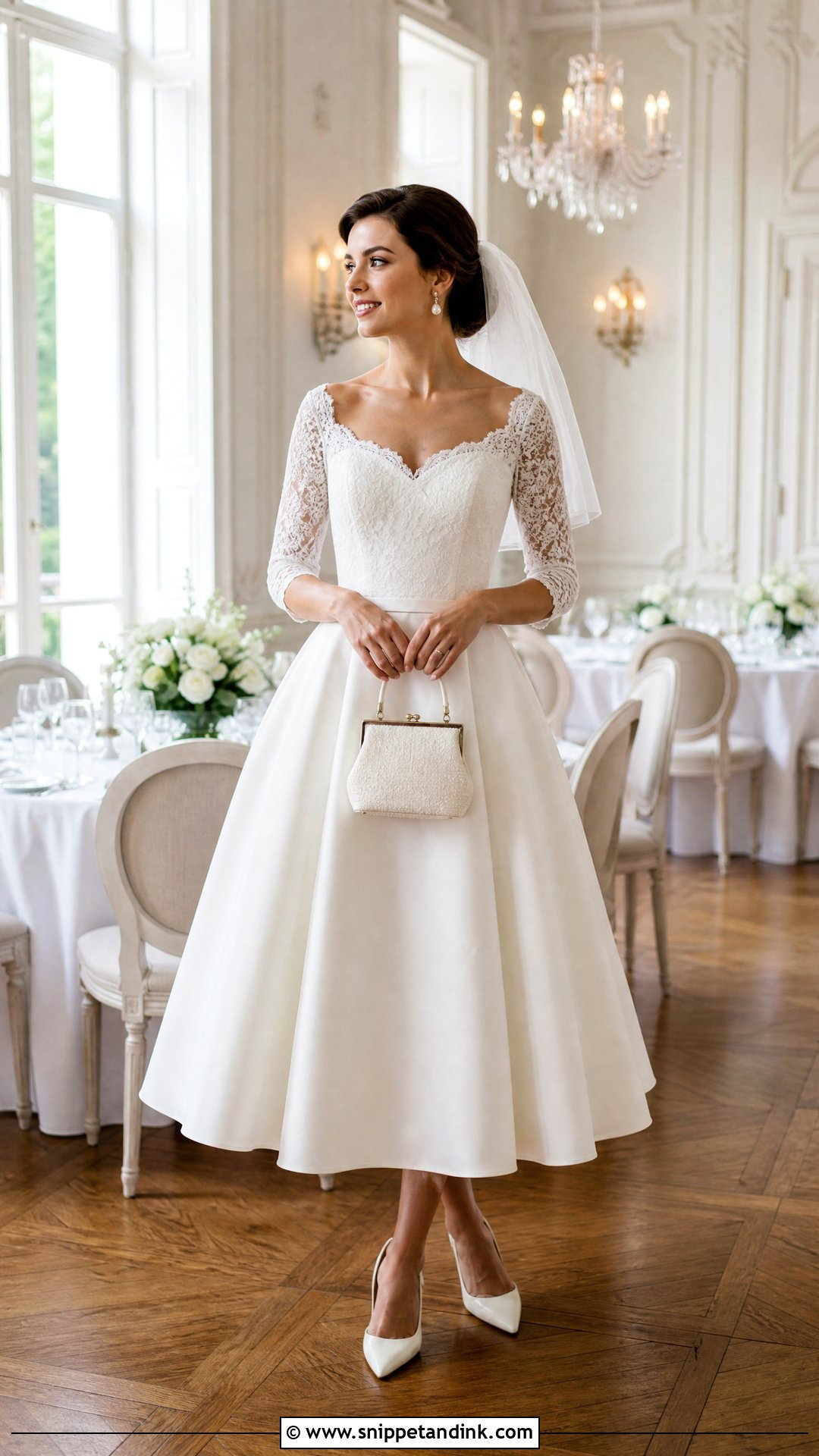 Three Quarter Lace Sleeves With Tea Length Wedding Dress - Snippet and Ink - 20 Wedding Sleeves Detachable