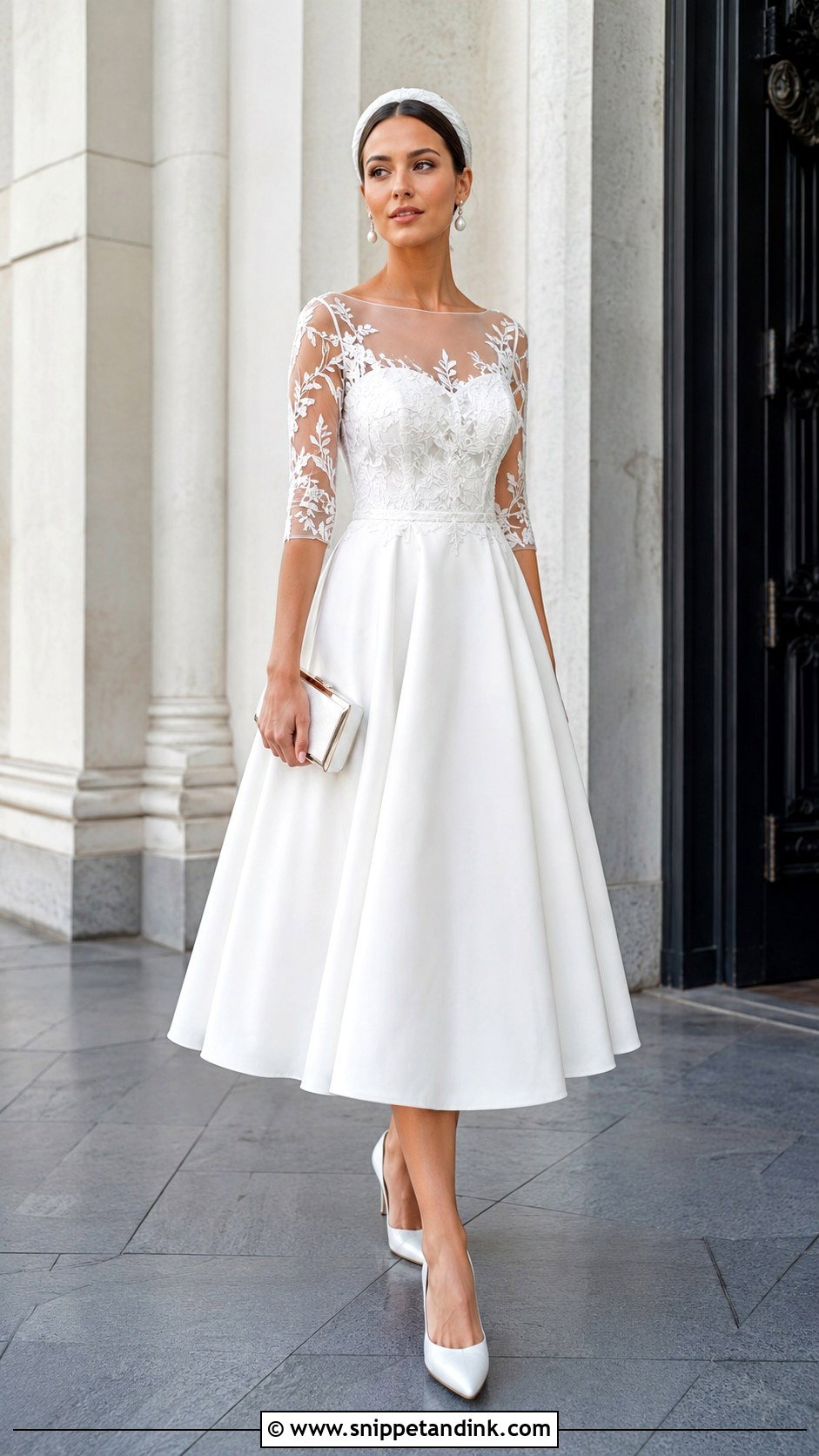 Three Quarter Mesh Sleeve Midi Wedding Dress - Snippet and Ink - 20 Mesh Sleeve Wedding Dress Ideas