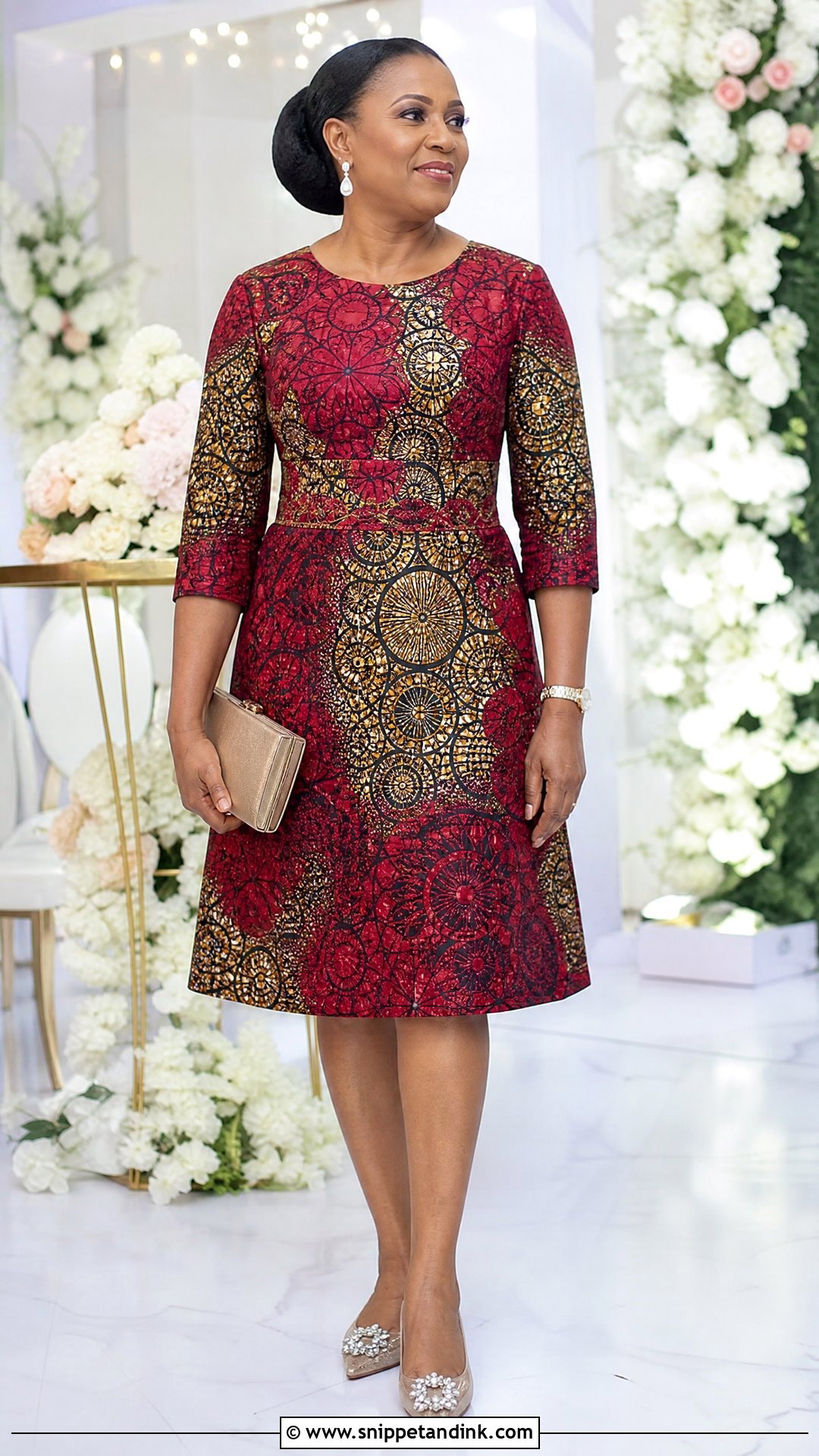 Three Quarter Sleeve Ankara Short Gown With Dressy Flats - Snippet and Ink - 20 Short Gown Ankara Styles for Wedding