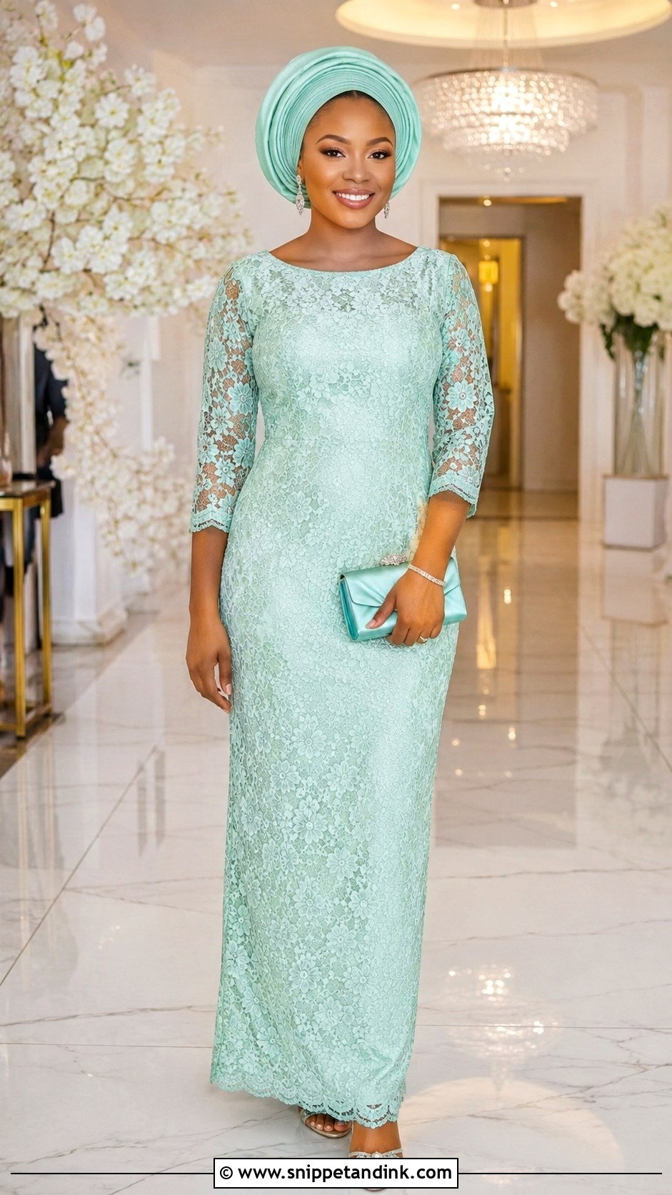 Three Quarter Sleeve Aso Ebi Lace Gown - Snippet and Ink - 25 Simple Aso Ebi Lace Gown Styles