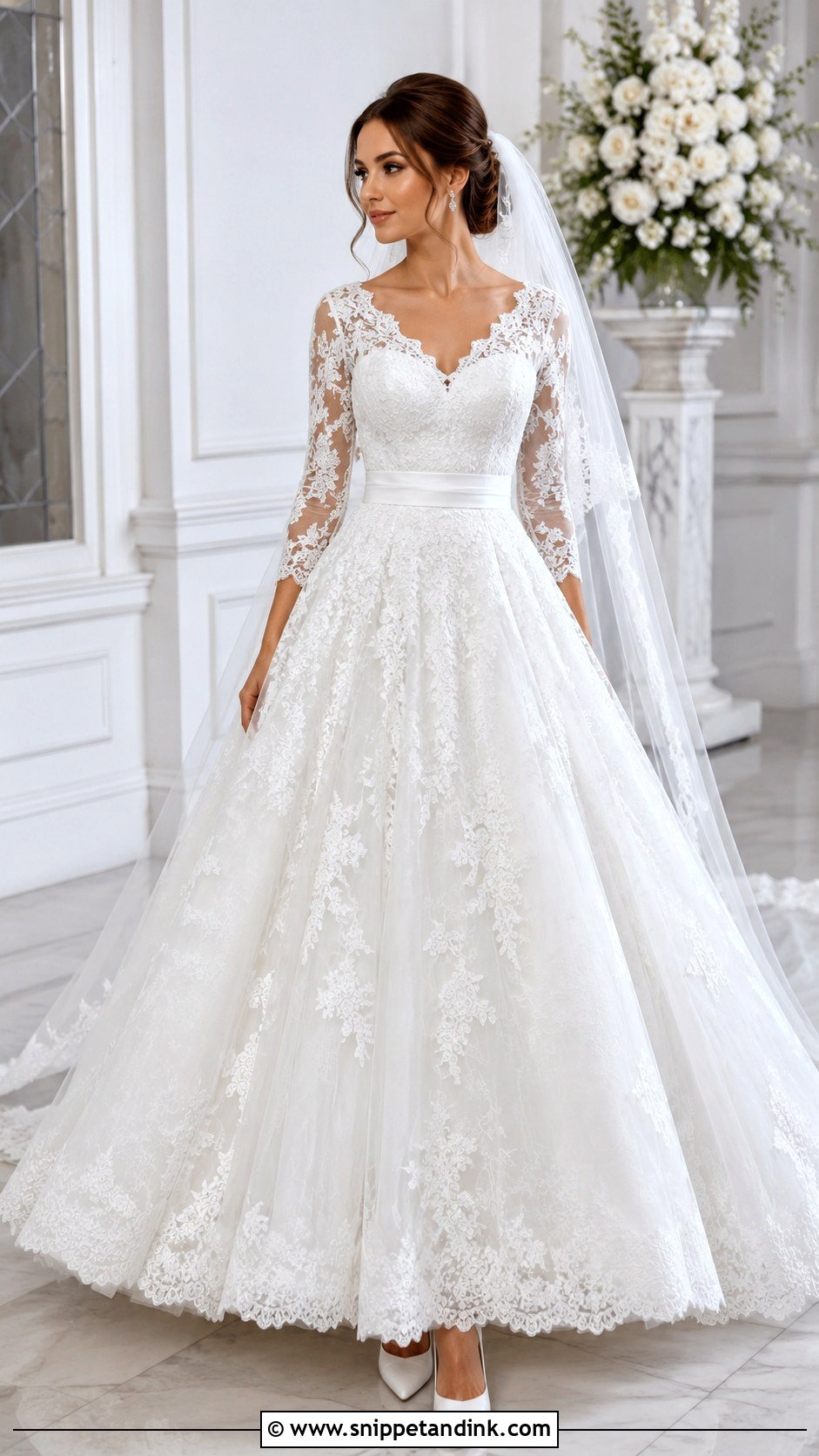 Three Quarter Sleeve Ball Gown Wedding Dress - Snippet and Ink - 20 Inverted Triangle Wedding Dress Ideas