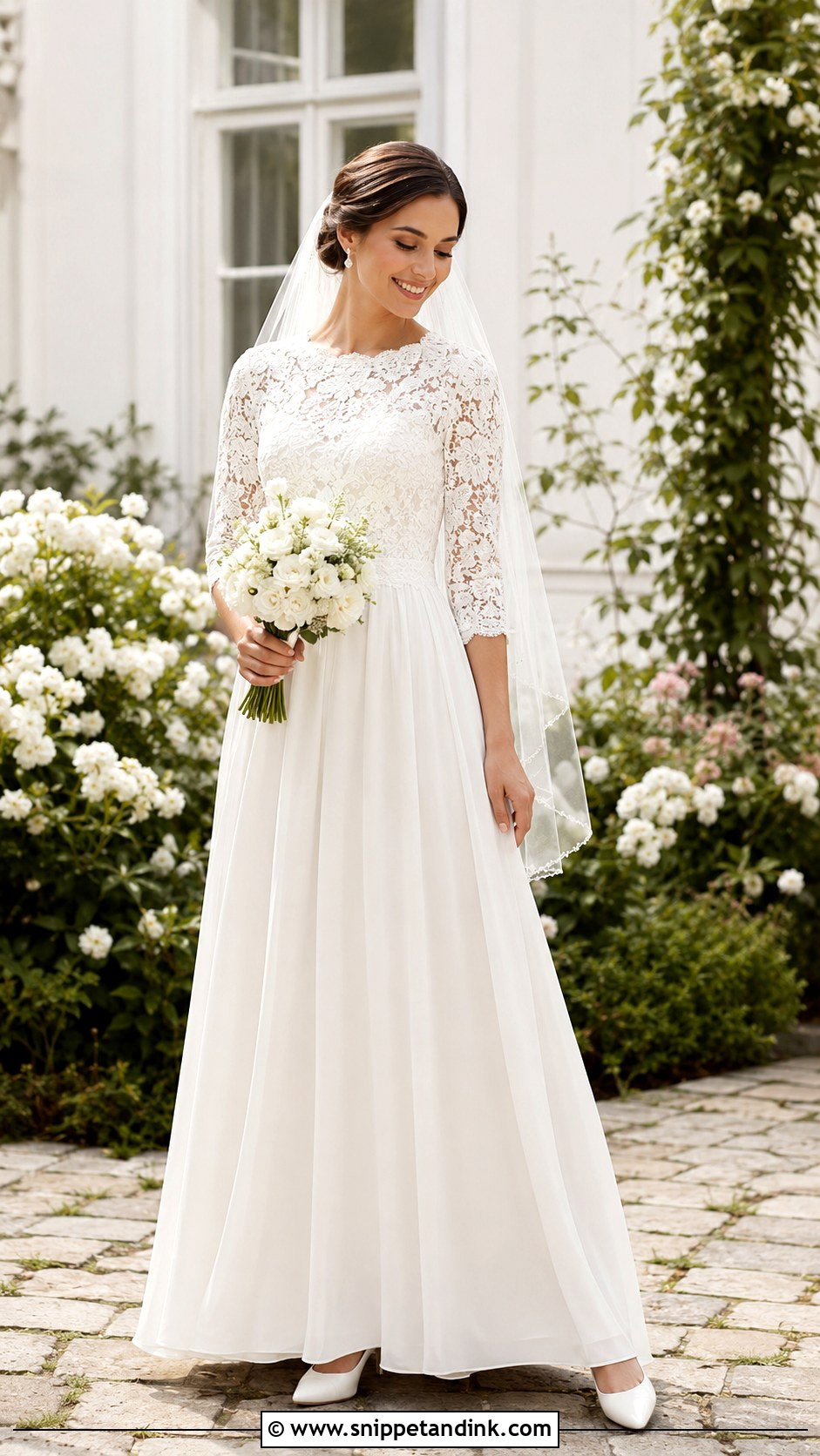 Three Quarter Sleeve Boho Modest Wedding Dress - Snippet and Ink - 20 Boho Modest Wedding Dress Ideas