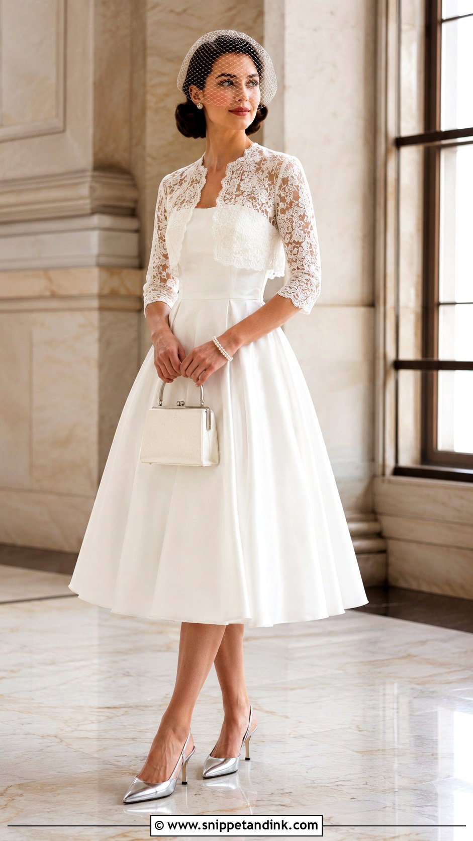 Three Quarter Sleeve Bridal Bolero With Tea Length Dress - Snippet and Ink - 20 Bridal Bolero Jacket Ideas