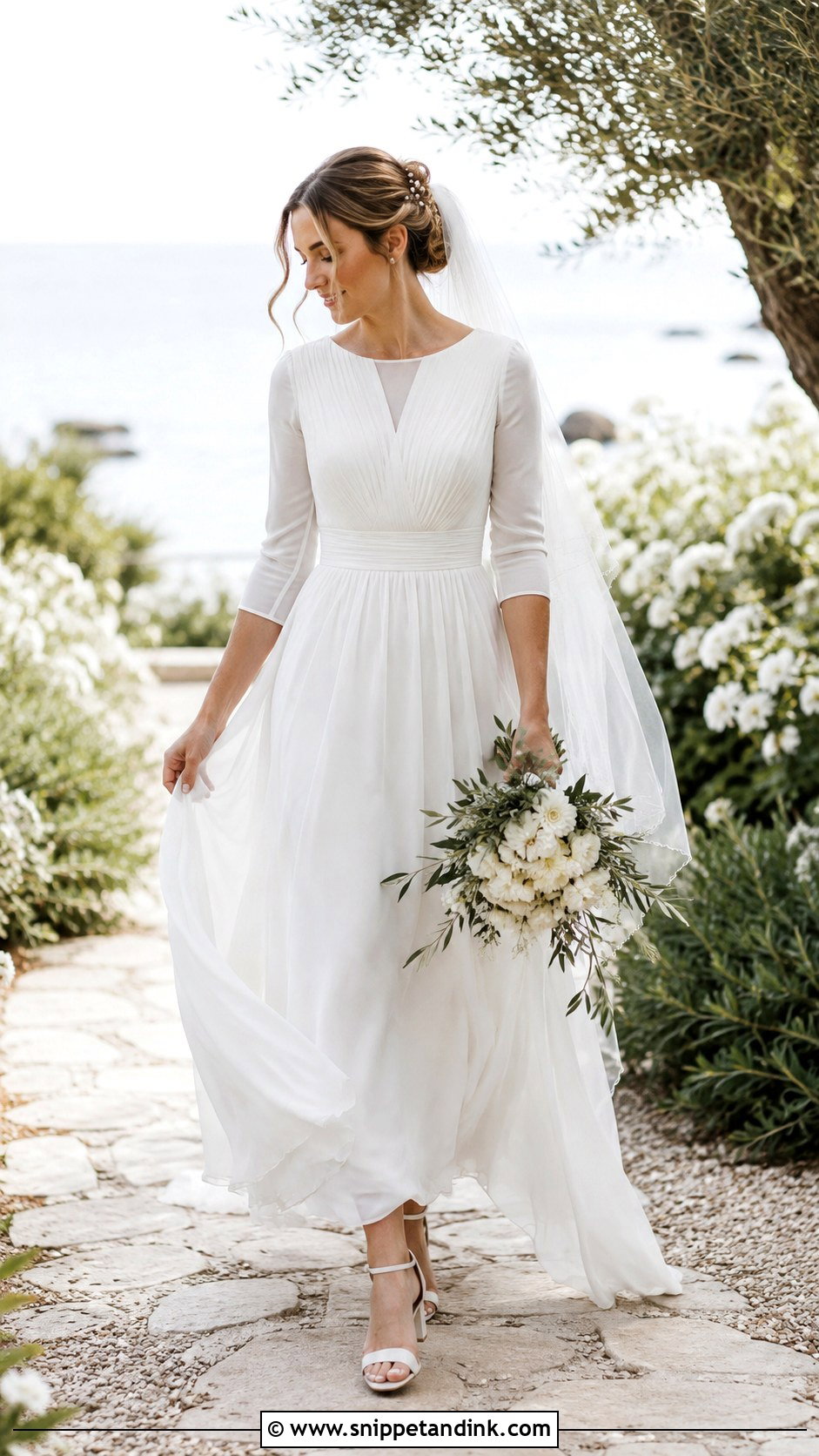 Three Quarter Sleeve Chiffon A Line Wedding Dress - Snippet and Ink - 20 Modest a Line Wedding Dress Ideas