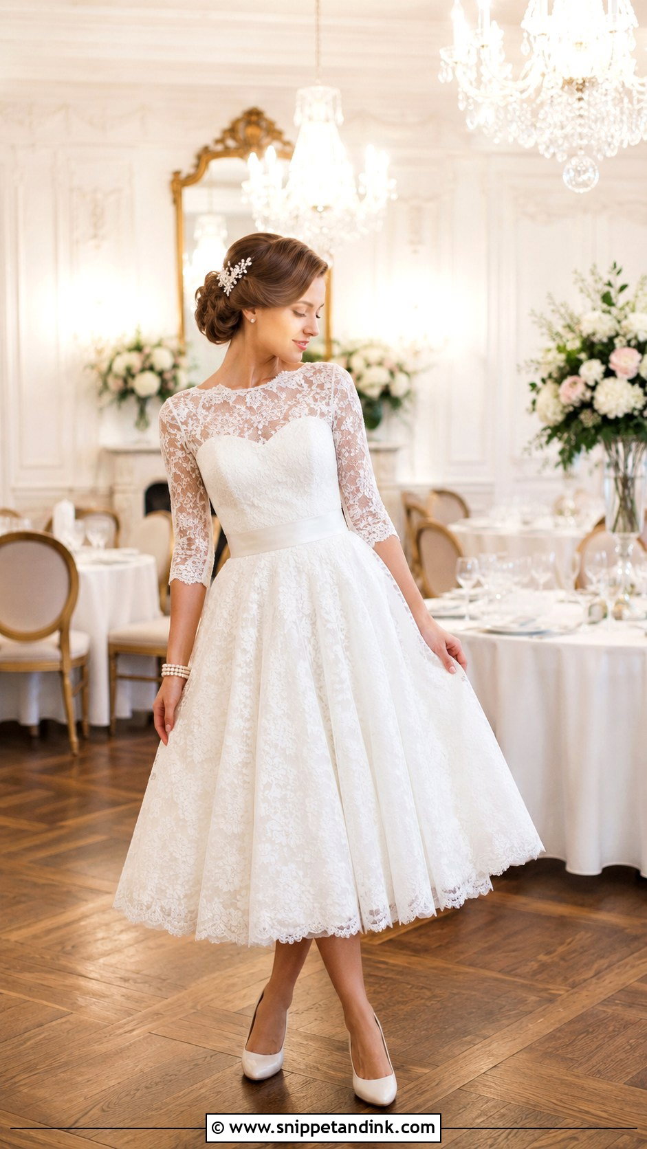 Three Quarter Sleeve Lace 50s Wedding Dress - Snippet and Ink - 20 50s Inspired Wedding Dress Ideas