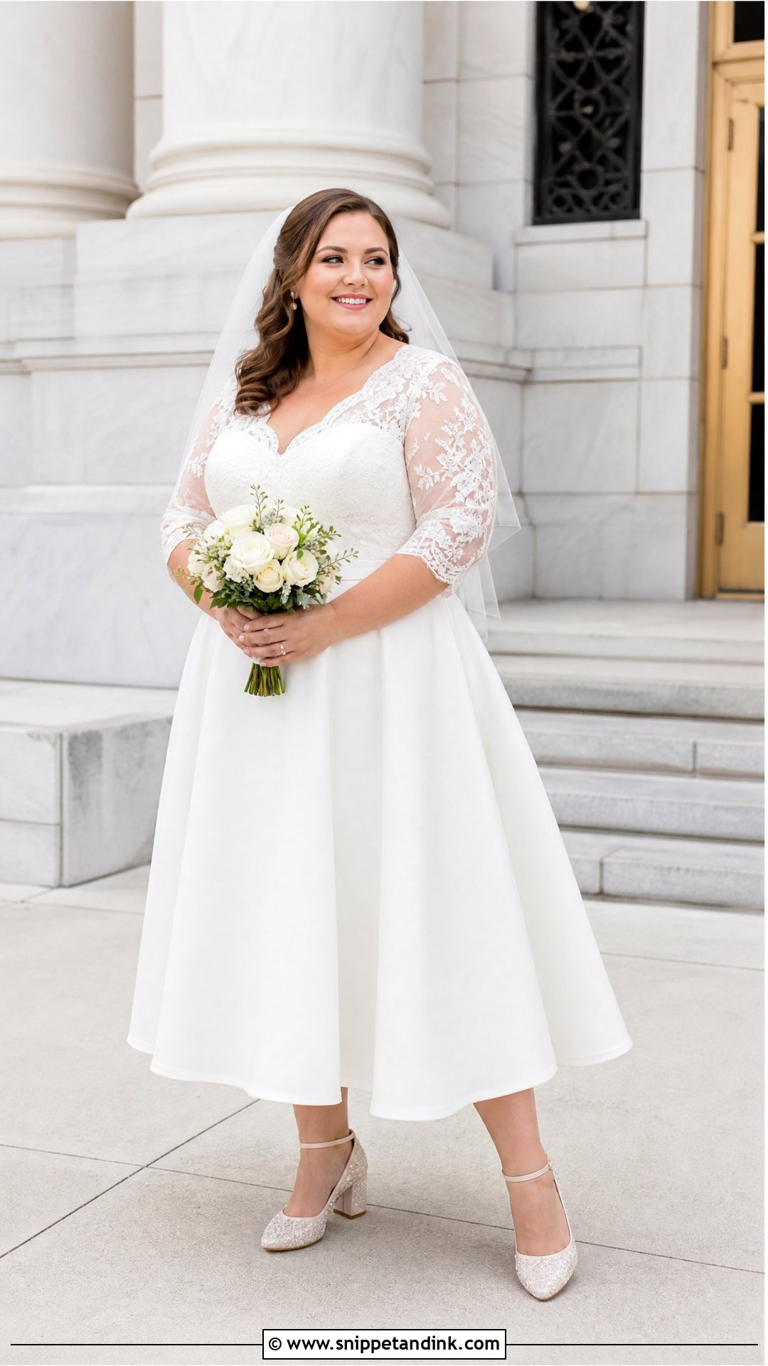 Three Quarter Sleeve Tea Length Plus Size Wedding Gown - Snippet and Ink - 20 Plus Size Wedding Gowns with Sleeves