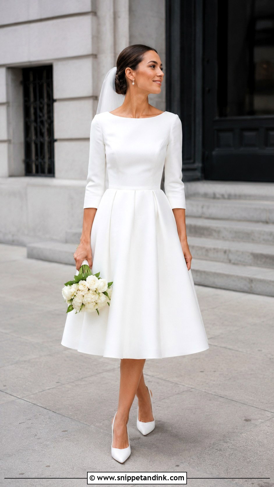 Three Quarter Sleeve Tea Length Wedding Dress - Snippet and Ink - 20 Modest White Wedding Dress Ideas