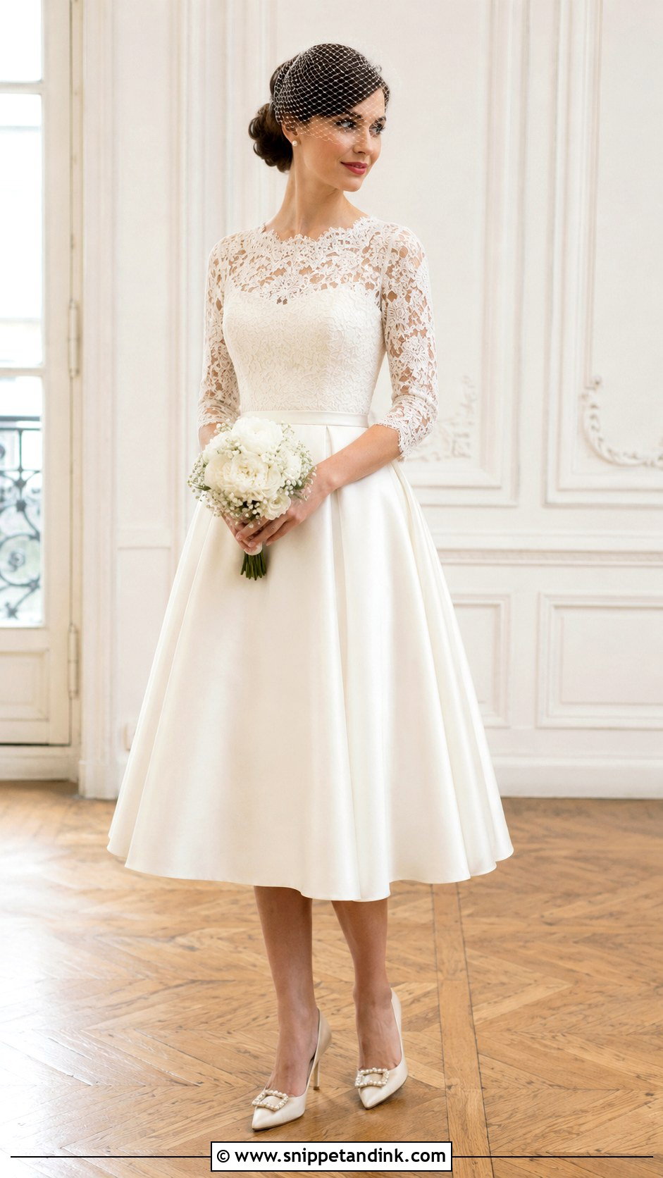 Three Quarter Sleeve Tea Length Wedding Dress - Snippet and Ink - 20 Romantic Wedding Dress with Sleeves