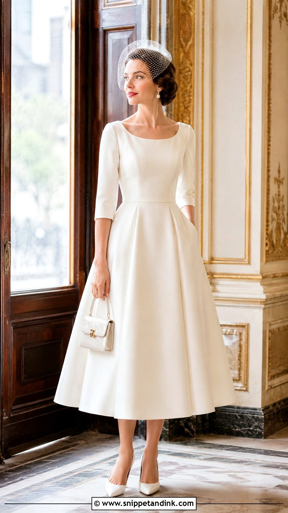 Three Quarter Sleeve Tea Length Wedding Gown - Snippet and Ink - 20 Modest Wedding Gowns with Sleeves