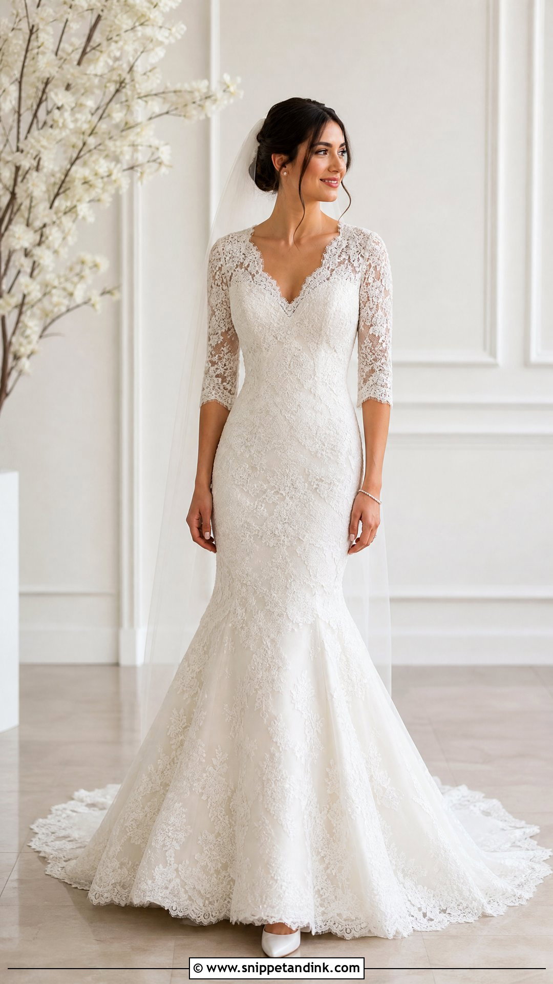 Three Quarter Sleeve Trumpet Wedding Dress - Snippet and Ink - 20 Trumpet Wedding Dress with Sleeves