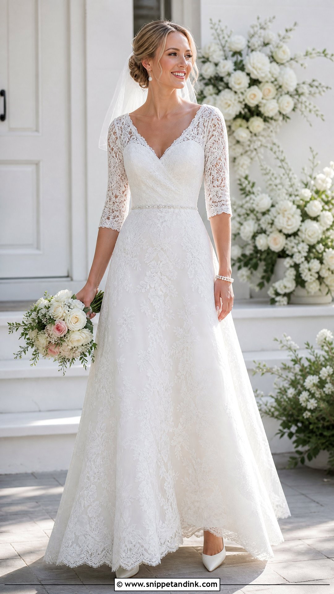 Three Quarter Sleeve V Neck Wedding Dress - Snippet and Ink - 20 V Neck Wedding Dress with Sleeves