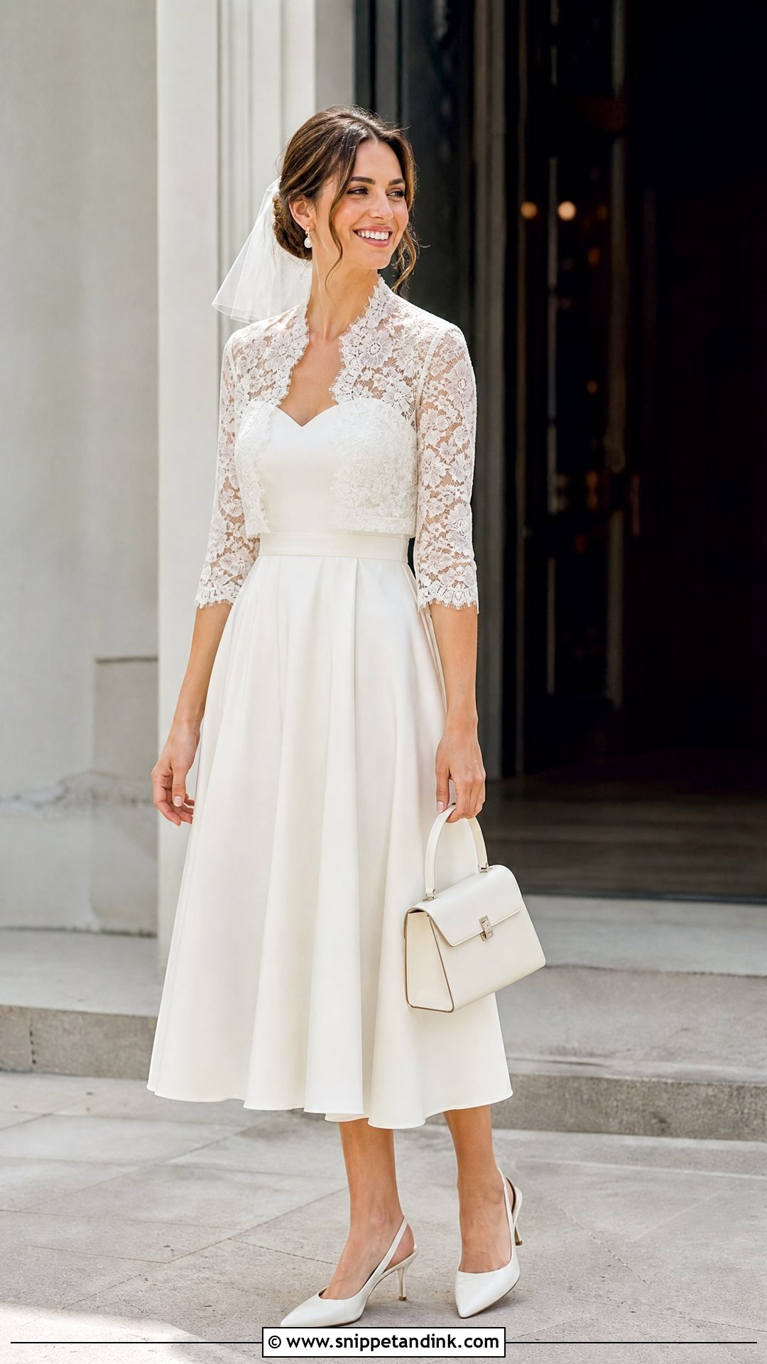 Three Quarter Sleeve Wedding Bolero Jacket With Tea Length Dress - Snippet and Ink - 20 Wedding Bolero Jacket Ideas