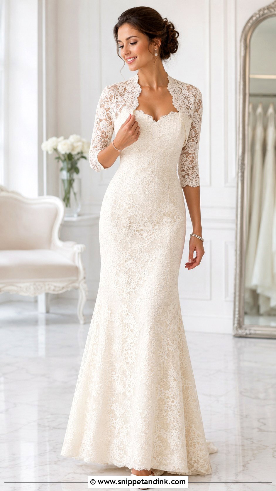 Three Quarter Sleeve Wedding Bolero With Lace Dress - Snippet and Ink - 25 Wedding Bolero Ideas