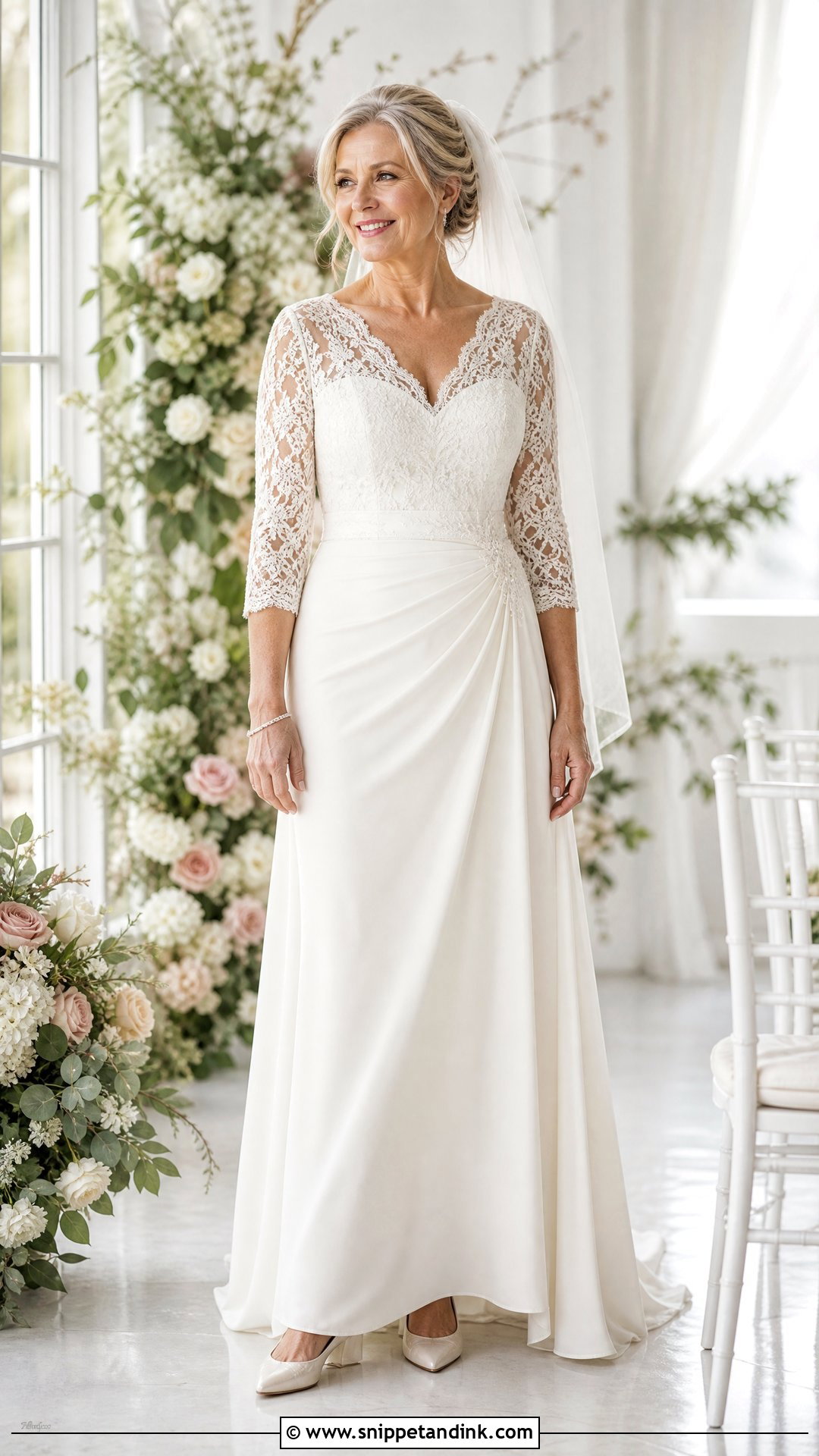 Three Quarter Sleeve Wedding Dress - Snippet and Ink - 25 Over 50 Bride Wedding Dresses