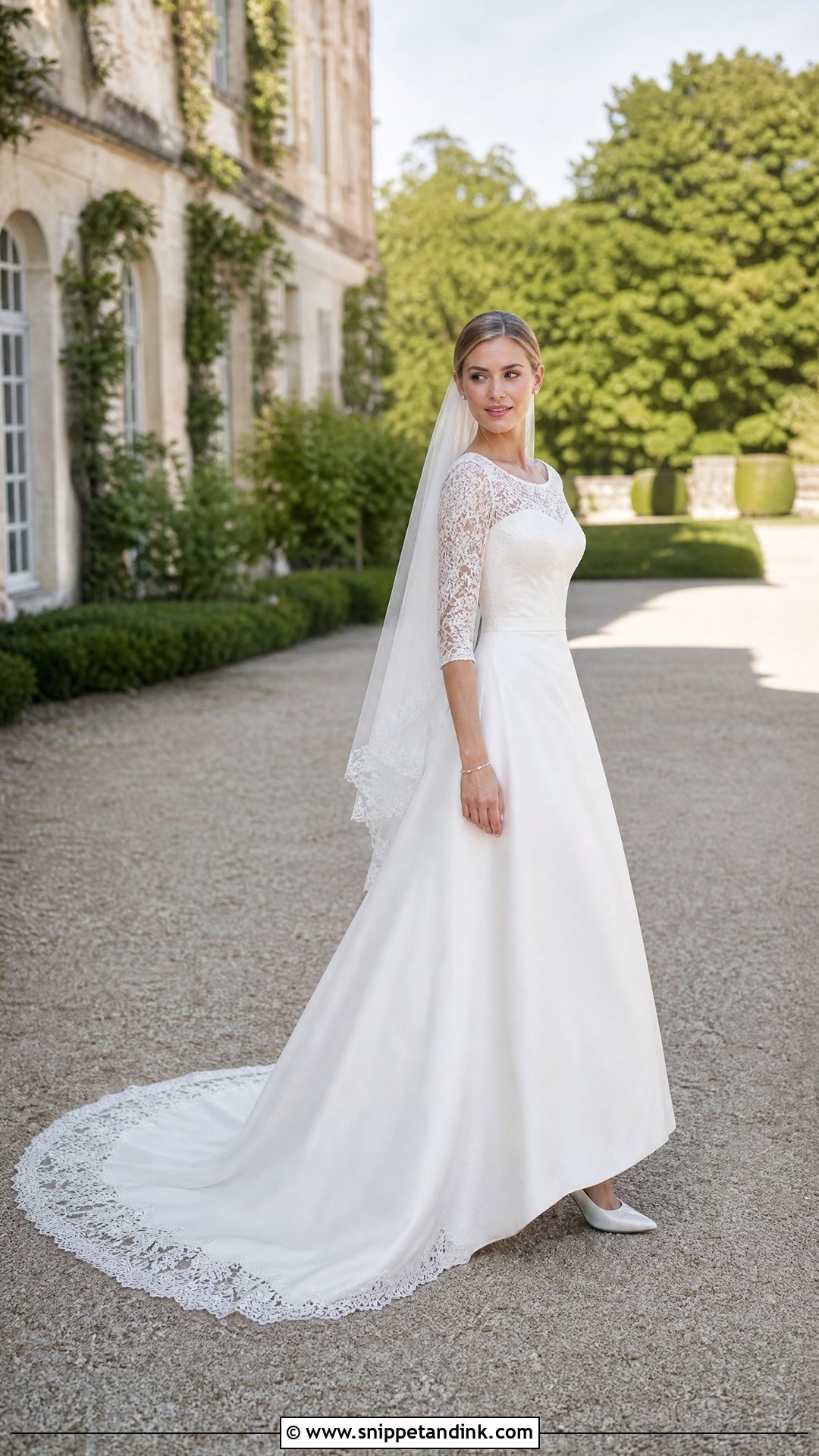 Three Quarter Sleeve Wedding Gown With Lace Train - Snippet and Ink - 20 Traditional Wedding Gown Ideas
