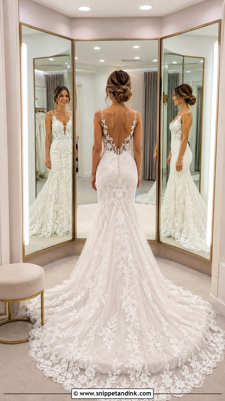 Three Way Mirror Bridal Fitting Room - Snippet and Ink - 20 Bridal Fitting Room Ideas