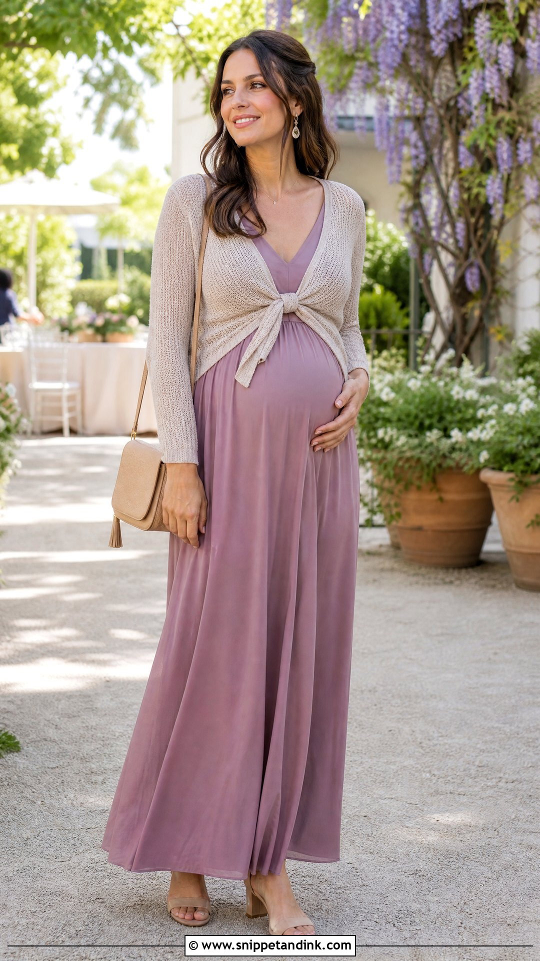 Tie Front Cardigan With Maternity Wedding Guest Dress - Snippet and Ink - 20 Wedding Cardigan Ideas