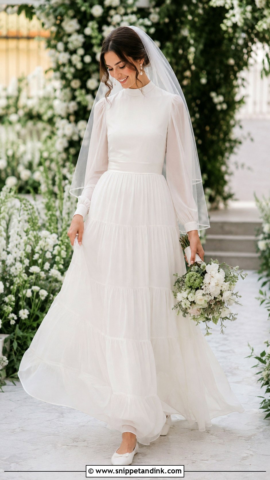 Tiered Chiffon Boho Modest Wedding Dress - Snippet and Ink - 20 Boho Modest Wedding Dress Ideas