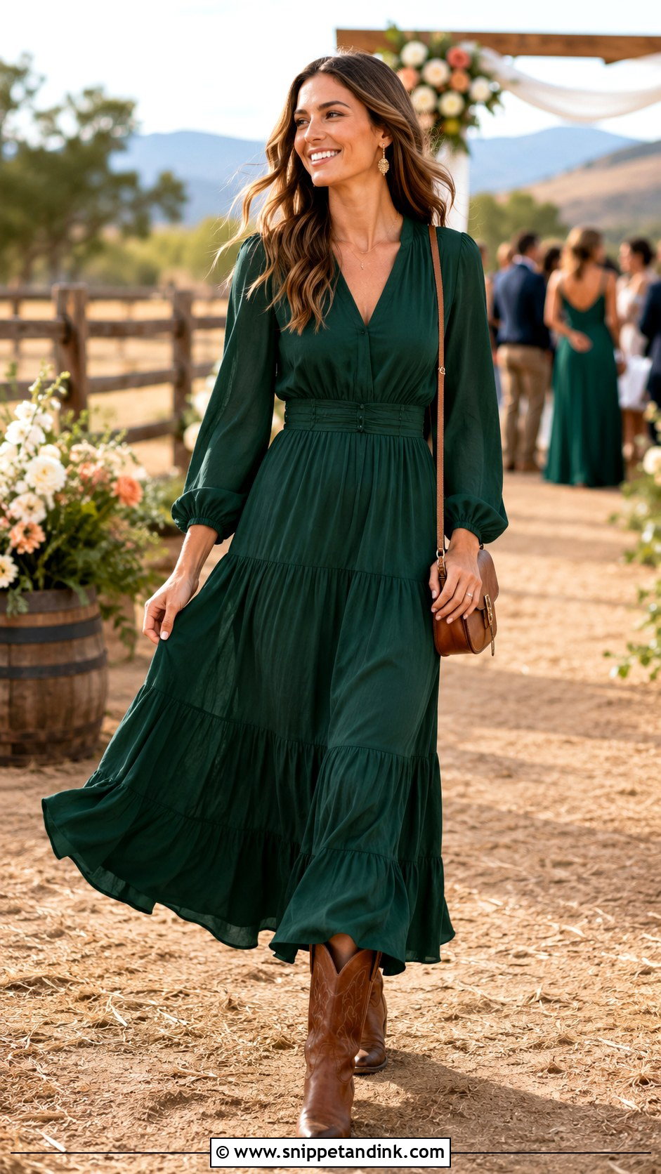 Tiered Maxi Dress With Cowboy Boots - Snippet and Ink - 20 Cowboy Boots Wedding Outfit Ideas