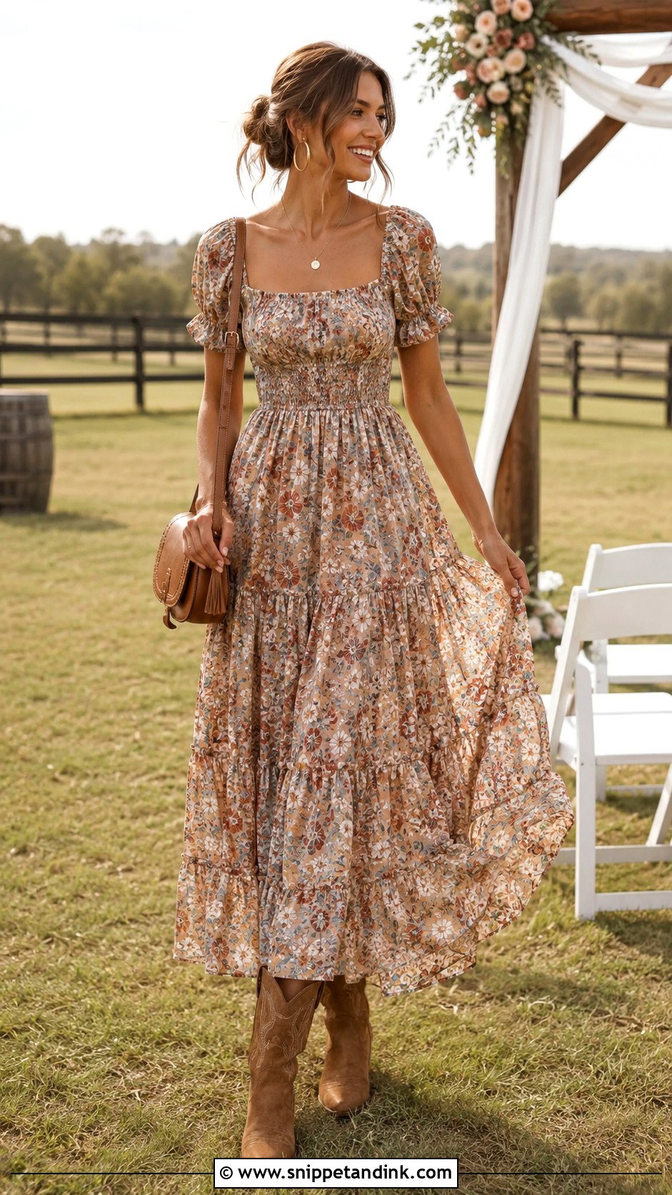 Tiered Maxi Dress With Suede Cowboy Boots - Snippet and Ink - 20 Cowboy Wedding Outfit Ideas