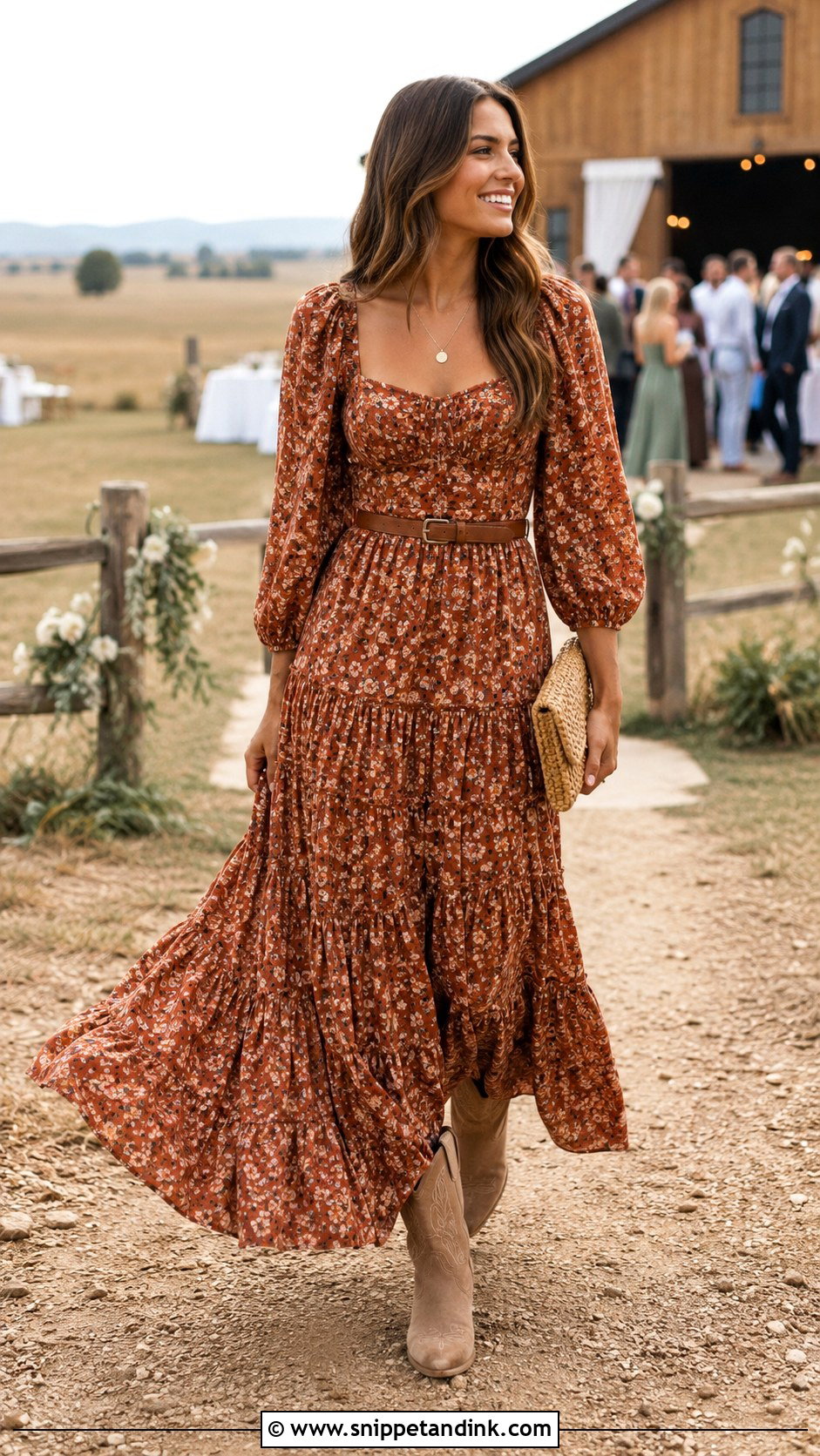 Tiered Prairie Dress With Cowboy Boots - Snippet and Ink - 20 Western Wedding Attire Ideas