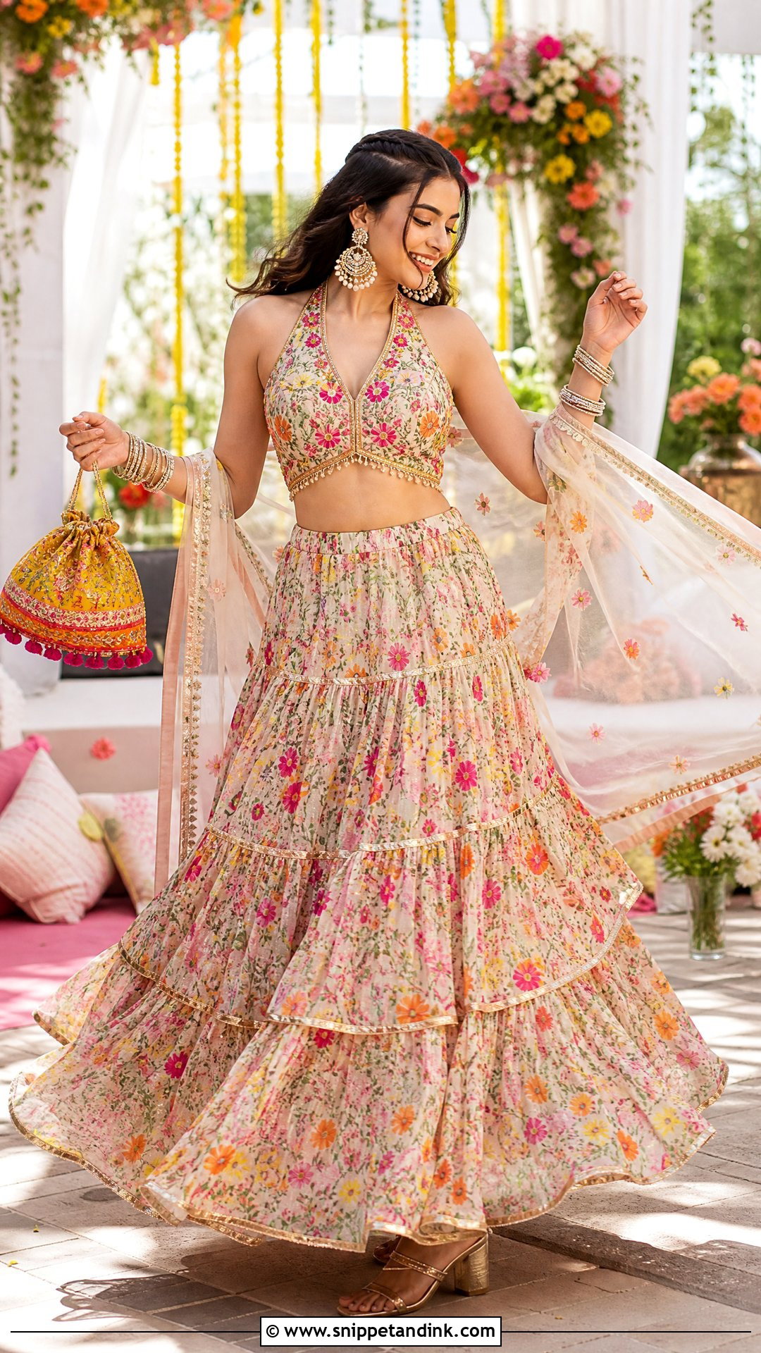 Tiered Skirt And Halter Blouse Indowestern Wedding Outfit - Snippet and Ink - 25 Indowestern Wedding Outfits
