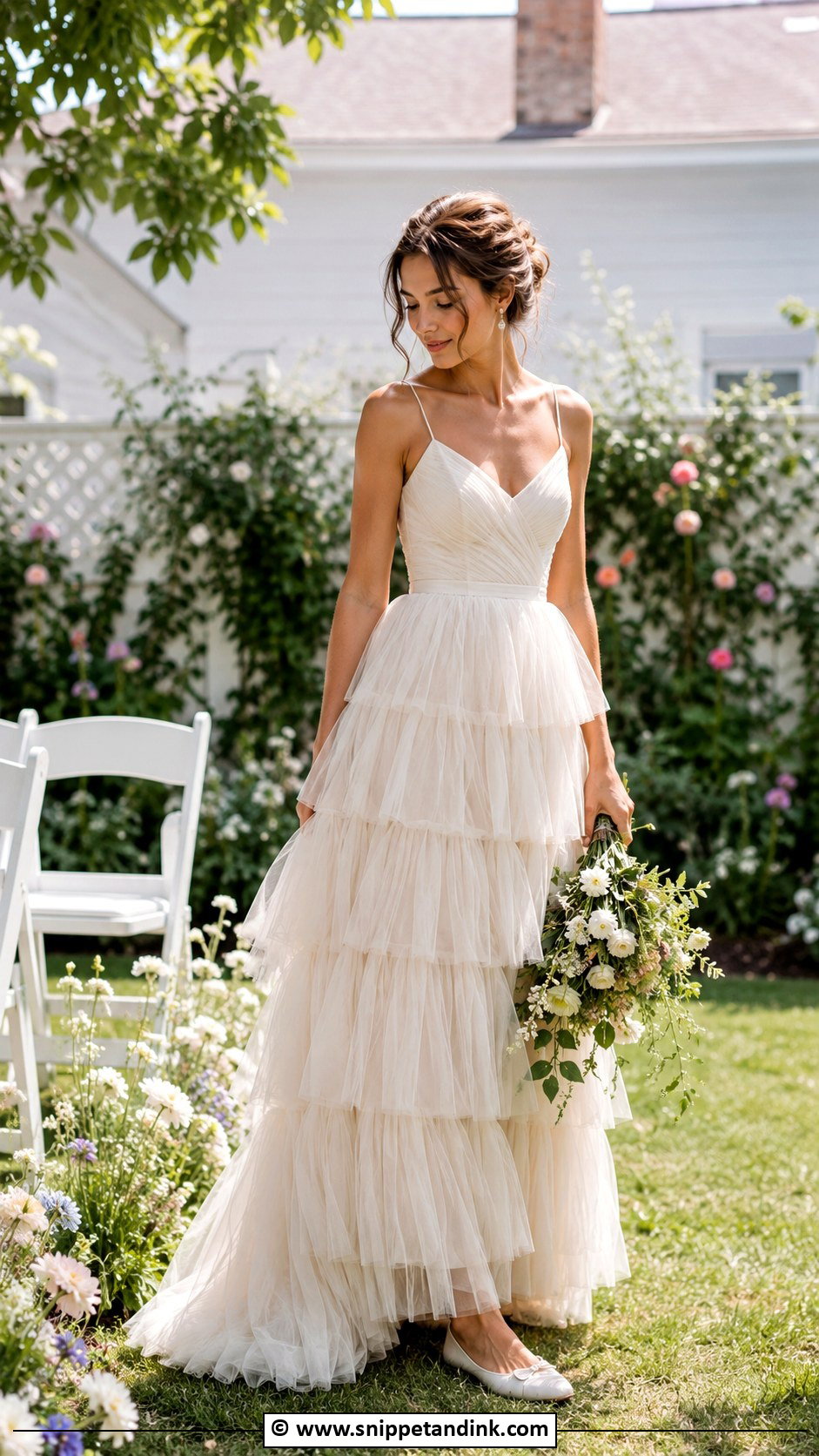 Tiered Tulle Wedding Dress With Simple Flats - Snippet and Ink - 30 Backyard Wedding Dress Ideas