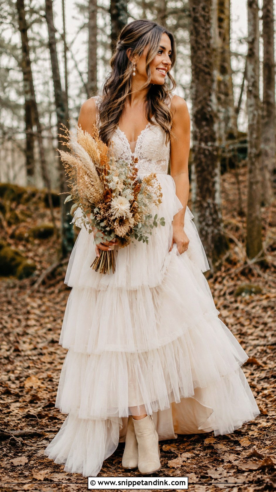 Tiered Wedding Dress With Dried Flower Bouquet - Snippet and Ink - 25 Woodsy Wedding Dress Ideas