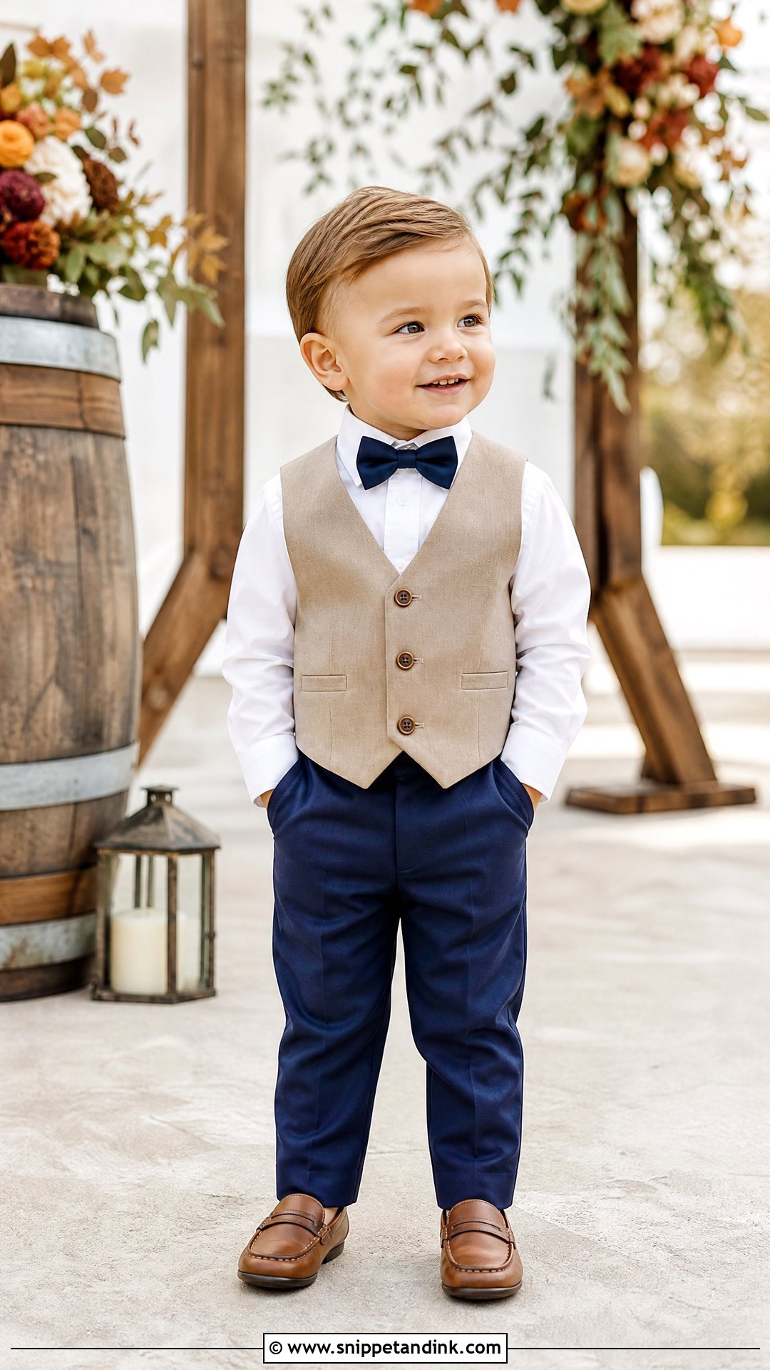 Toddler Boy Tan Vest And Navy Pants Outfit - Snippet and Ink - 25 Toddler Boy Wedding Outfit Ideas